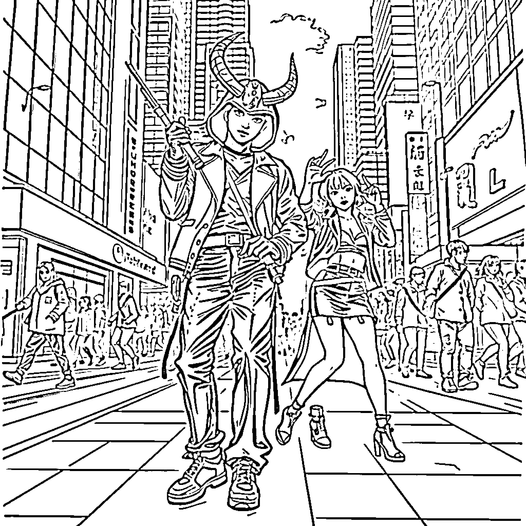 Kpop Demon Hunter in the City Streets Coloring Page (free black-and-white line drawing printable PDF for all, from beginners to advanced learners, including children, teens, adults, and seniors)