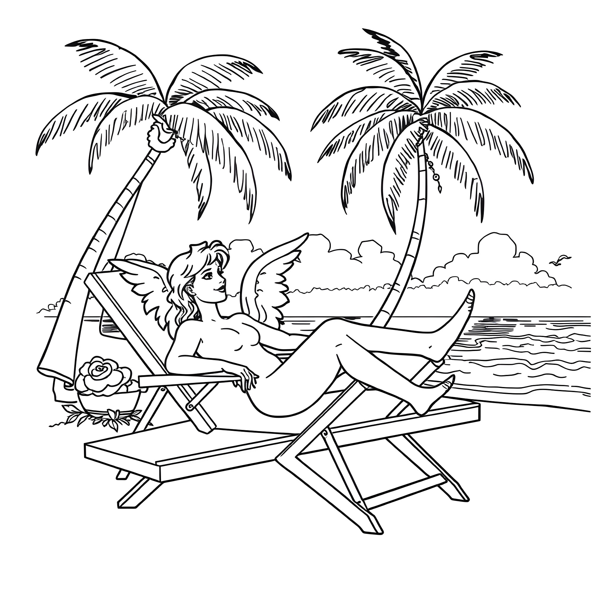 Angel Dust relaxing on the beach under palm trees Coloring Page (free black-and-white line drawing printable PDF for all, from beginners to advanced learners, including children, teens, adults, and seniors)