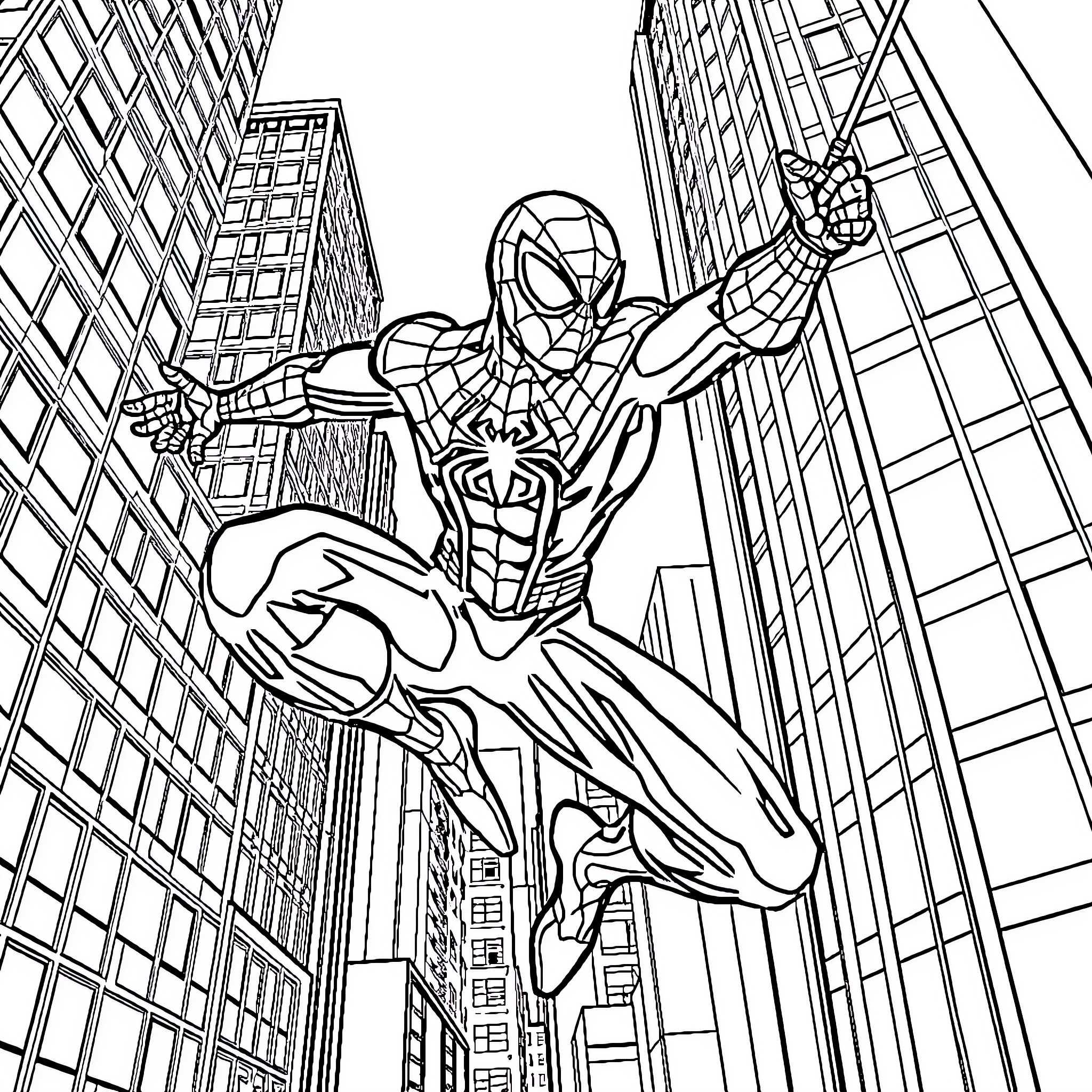 Spiderman swinging through the city skyline Coloring Page (free black-and-white line drawing printable PDF for all, from beginners to advanced learners, including children, teens, adults, and seniors)