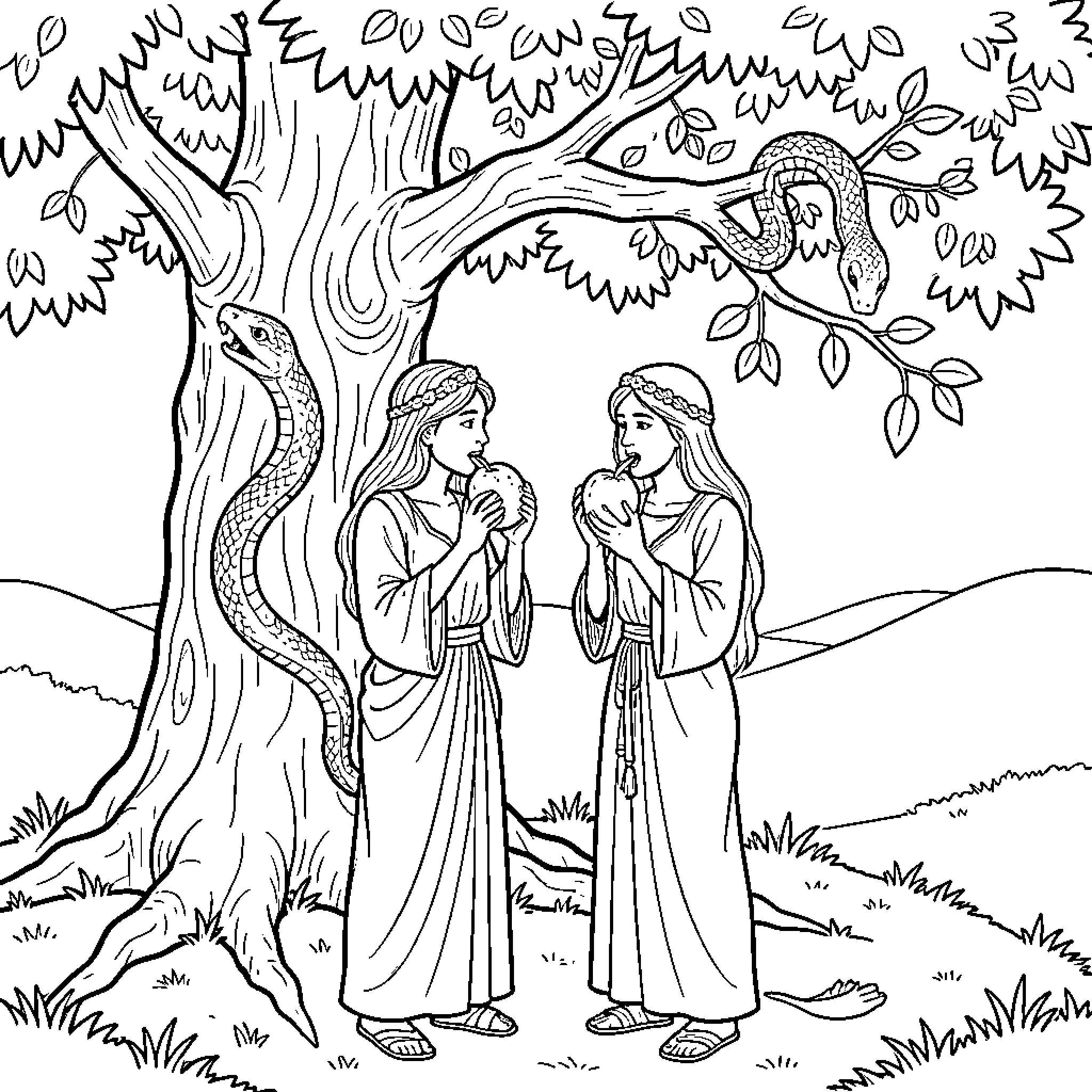 EVE eating fruit near a snake in a garden Coloring Page (free black-and-white line drawing printable PDF for all, from beginners to advanced learners, including children, teens, adults, and seniors)