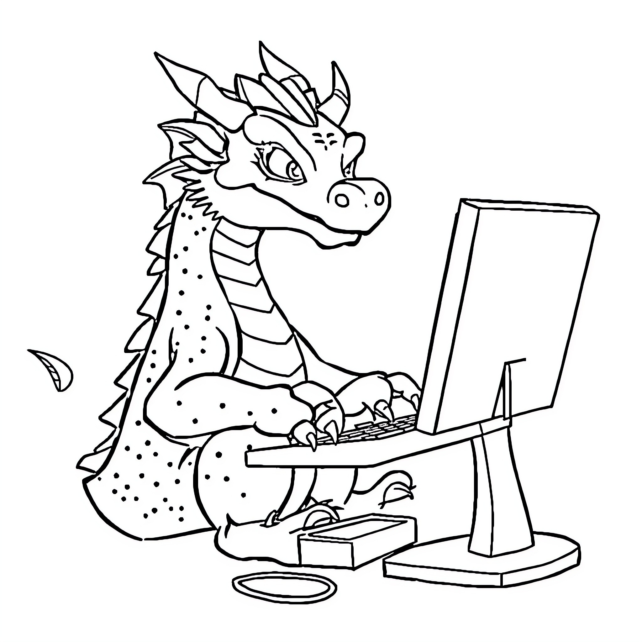 Dragon Typing Enthusiastically on Computer Coloring Page (free black-and-white line drawing printable PDF for all, from beginners to advanced learners, including children, teens, adults, and seniors)