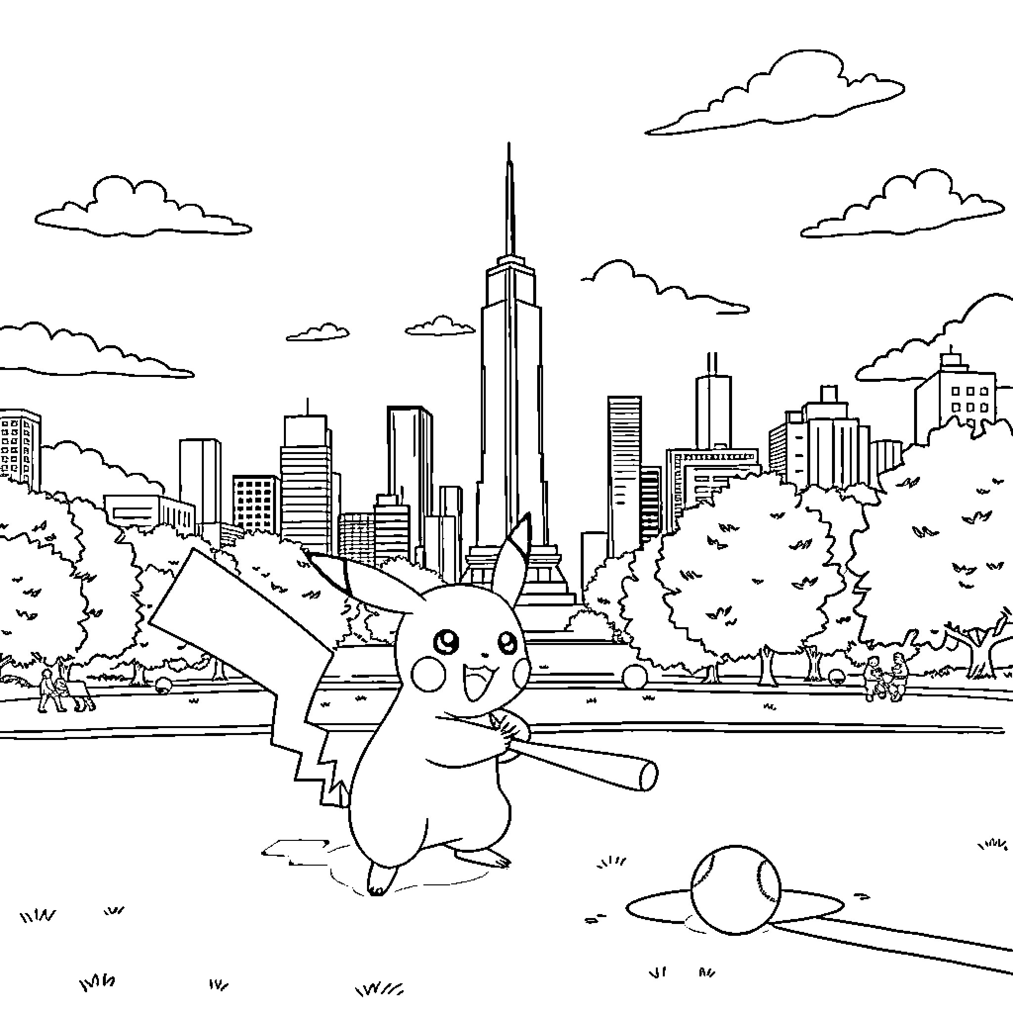 Pikachu enjoying the city skyline Coloring Page (free black-and-white line drawing printable PDF for all, from beginners to advanced learners, including children, teens, adults, and seniors)