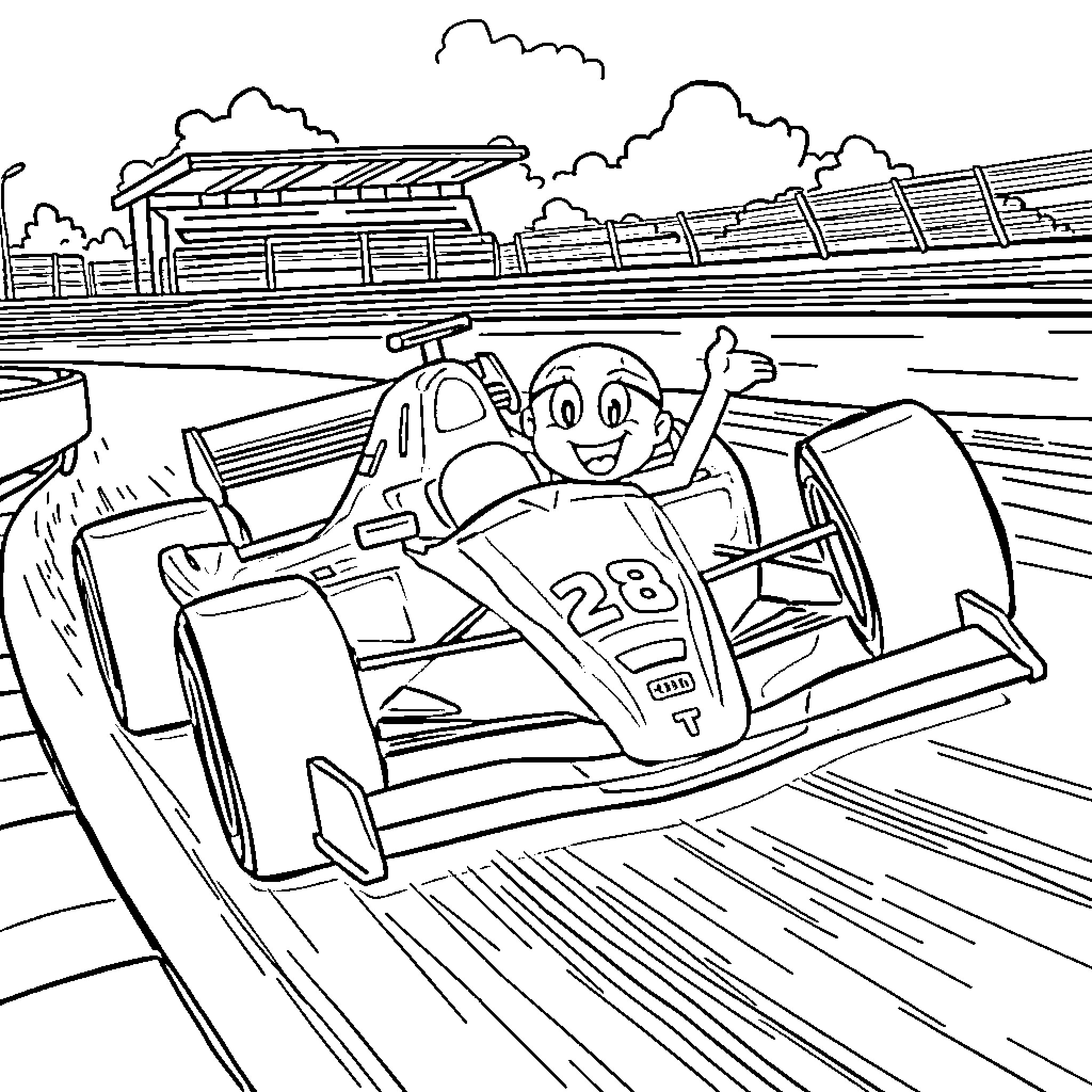Bluey's Race Car Adventure Coloring Page (free black-and-white line drawing printable PDF for all, from beginners to advanced learners, including children, teens, adults, and seniors)