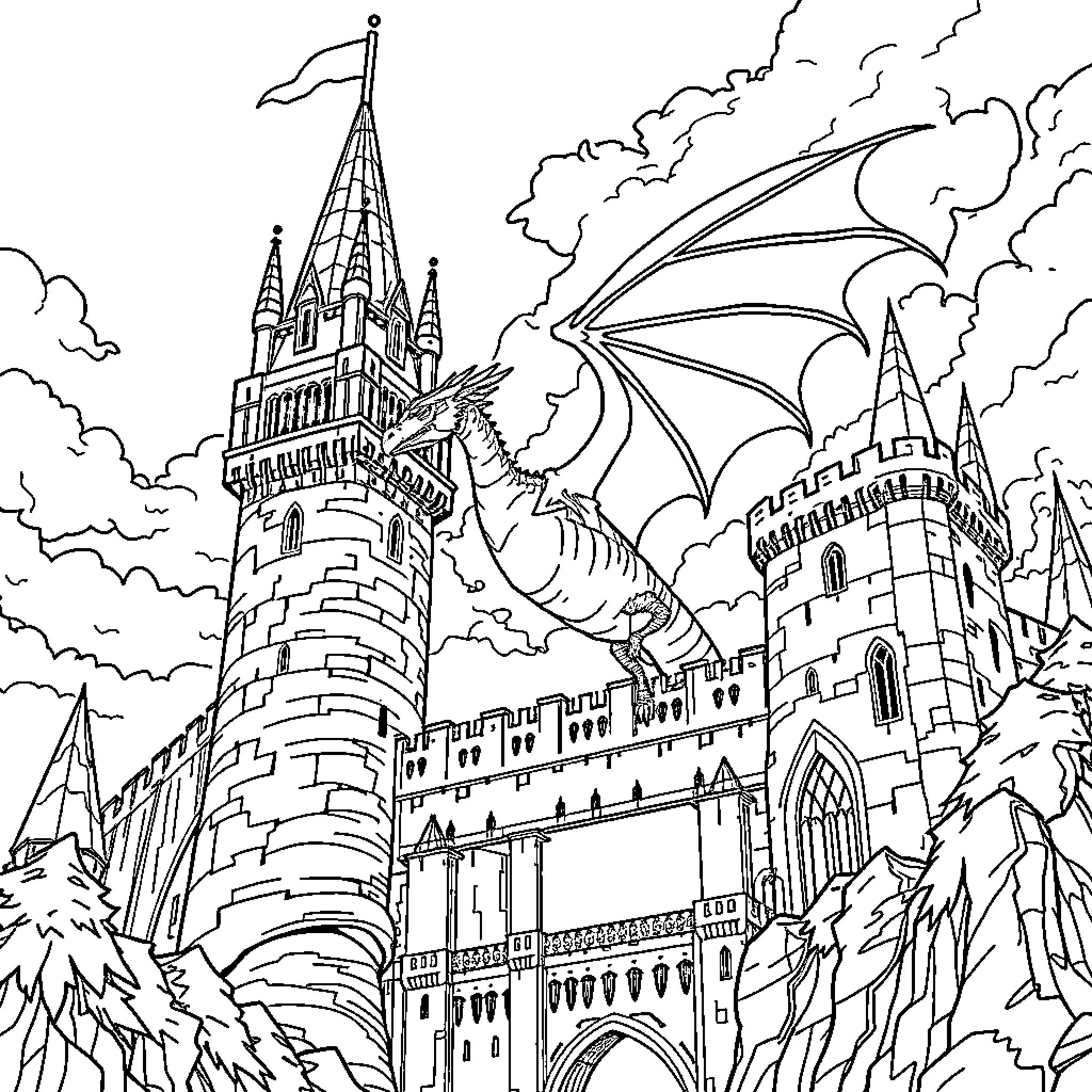 Dragon soaring over a majestic castle Coloring Page (free black-and-white line drawing printable PDF for all, from beginners to advanced learners, including children, teens, adults, and seniors)