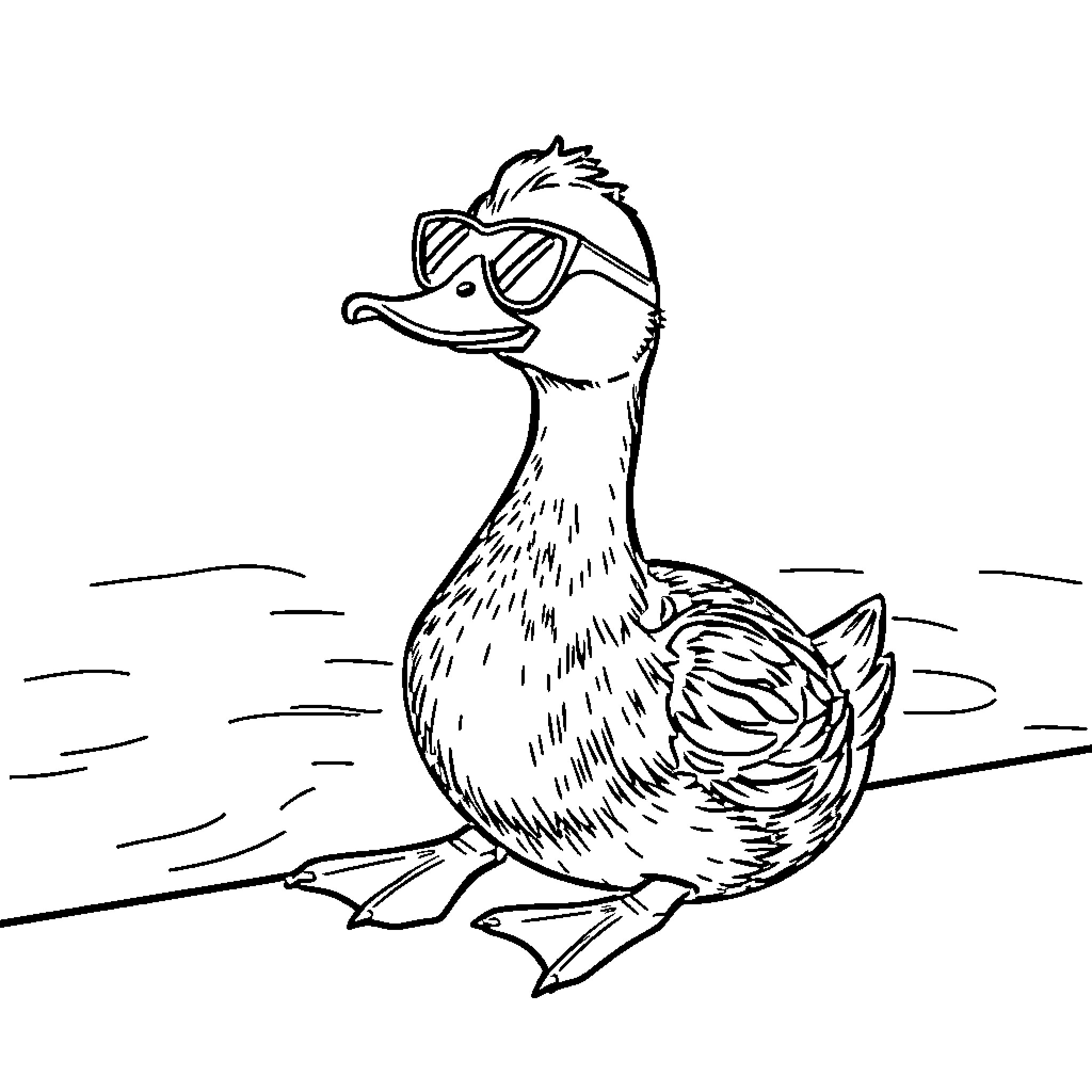Duck wearing snorkel mask swimming in water Coloring Page (free black-and-white line drawing printable PDF for all, from beginners to advanced learners, including children, teens, adults, and seniors)