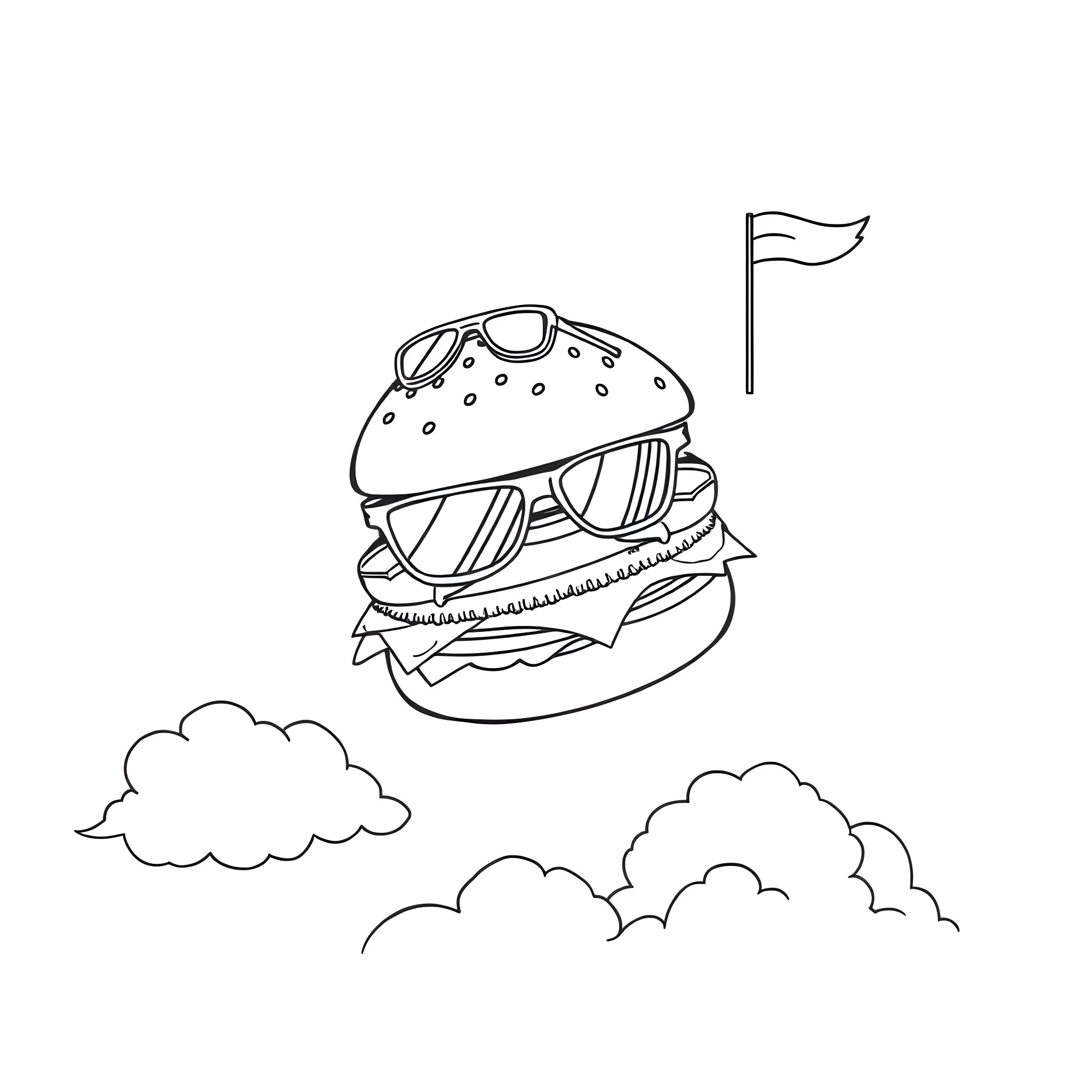 Burger flying with sunglasses and flag Coloring Page (free black-and-white line drawing printable PDF for all, from beginners to advanced learners, including children, teens, adults, and seniors)