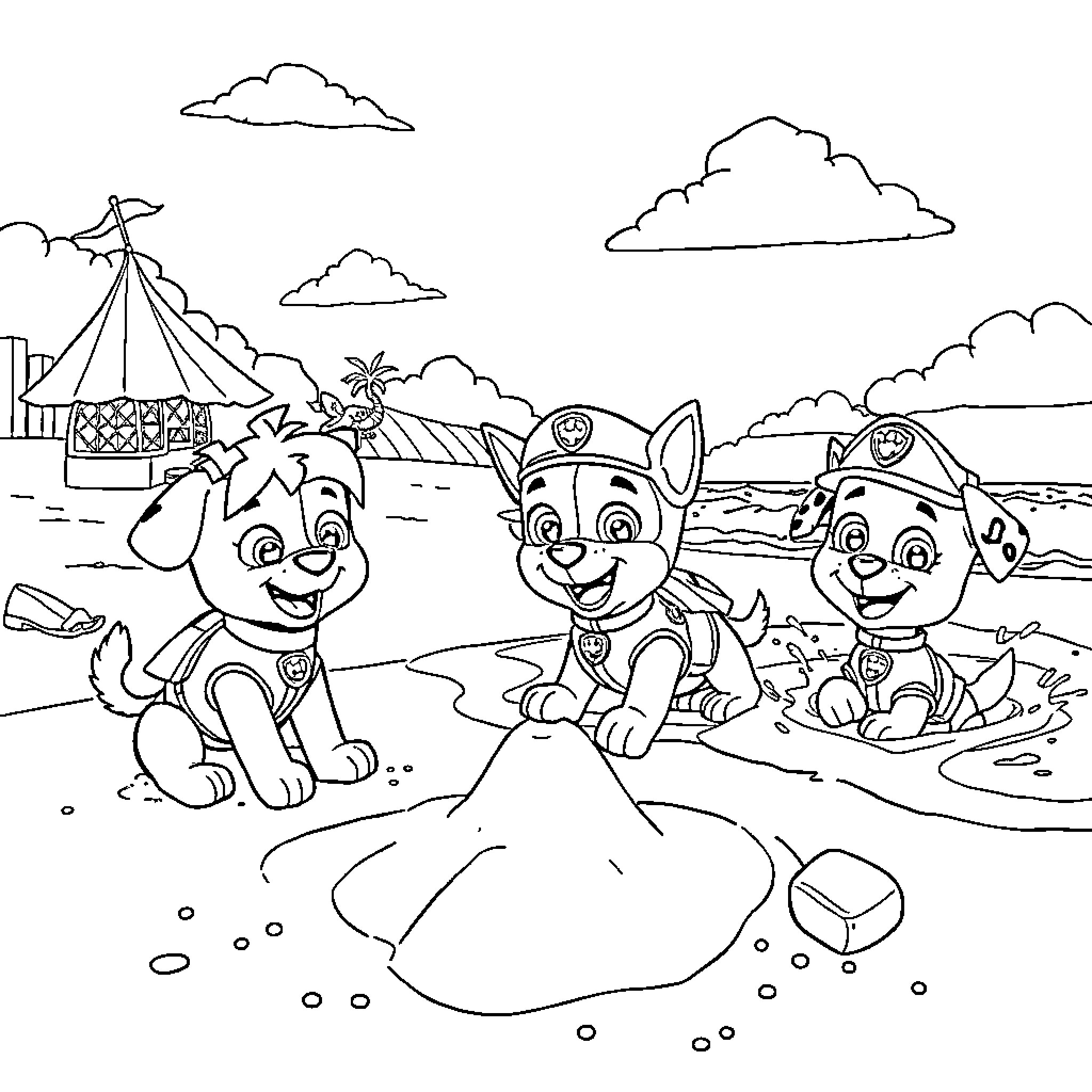 Paw Patrol characters in a beach scene Coloring Page (free black-and-white line drawing printable PDF for all, from beginners to advanced learners, including children, teens, adults, and seniors)
