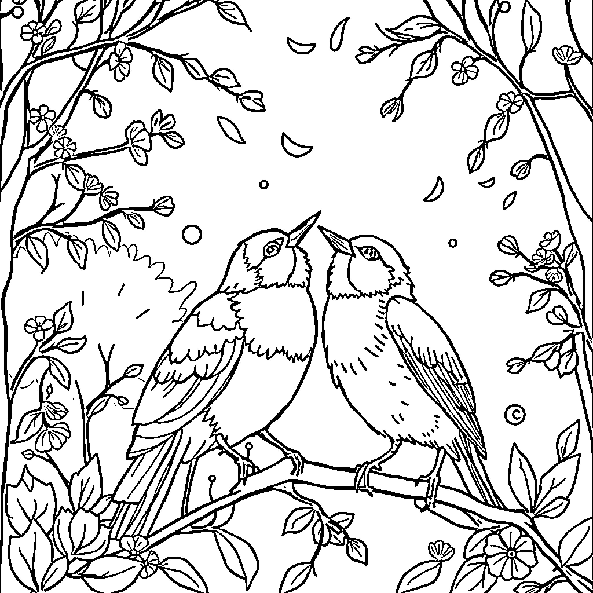Birds embracing on a floral branch Coloring Page (free black-and-white line drawing printable PDF for all, from beginners to advanced learners, including children, teens, adults, and seniors)