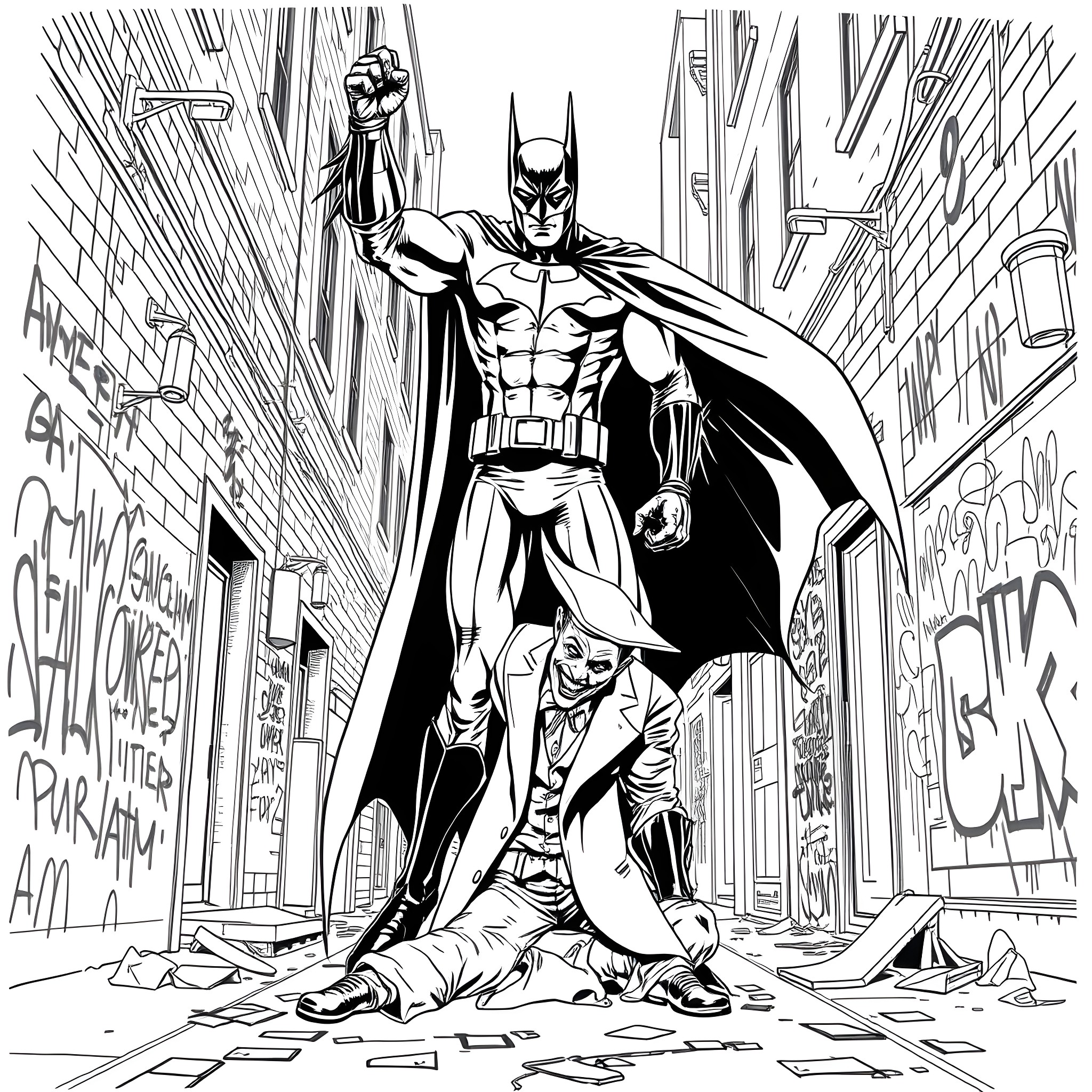 Batman Saving a Fallen Citizen in a Gritty City Alley Coloring Page (free black-and-white line drawing printable PDF for all, from beginners to advanced learners, including children, teens, adults, and seniors)