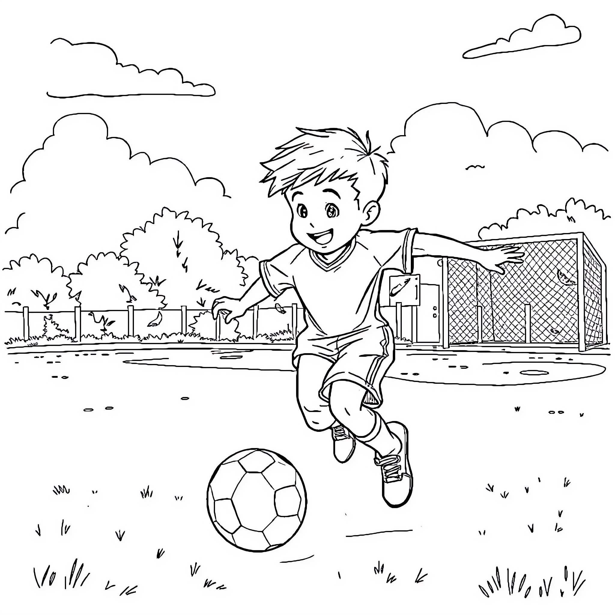 Boy playing soccer on the field Coloring Page (free black-and-white line drawing printable PDF for all, from beginners to advanced learners, including children, teens, adults, and seniors)