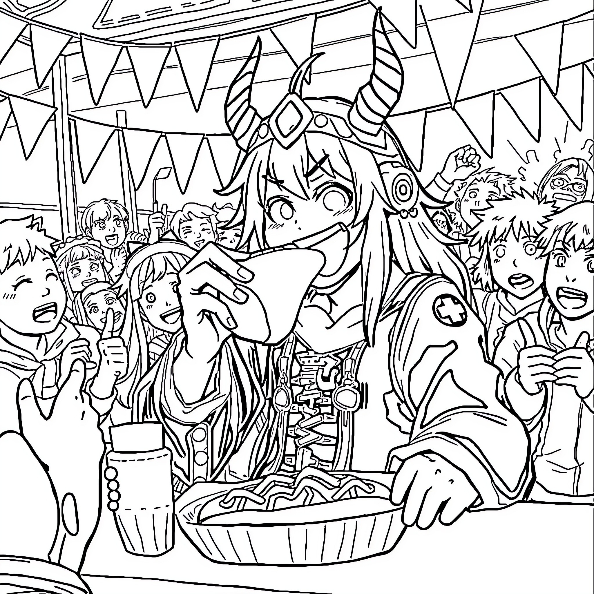 Mitsuri's Energetic Festival Celebration Coloring Page (free black-and-white line drawing printable PDF for all, from beginners to advanced learners, including children, teens, adults, and seniors)