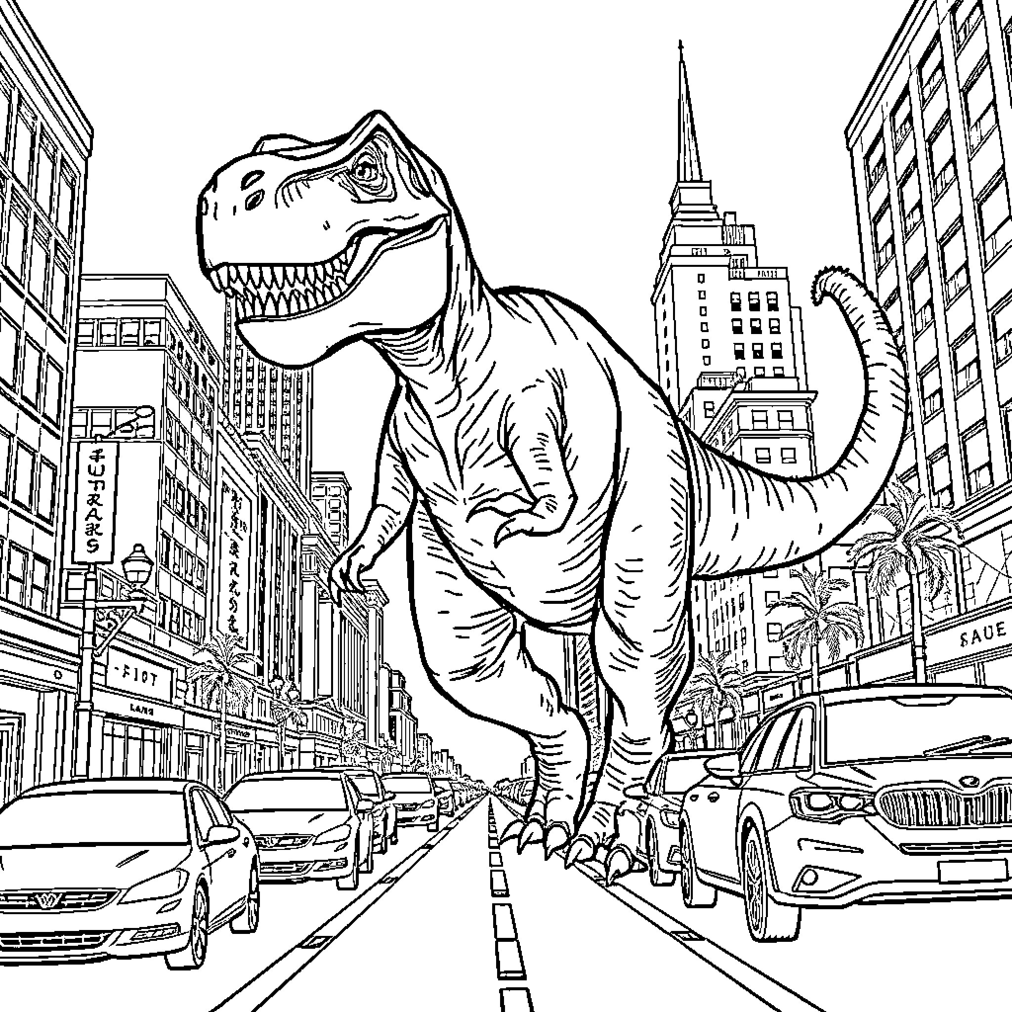 T-Rex Stomping Through the Bustling City Streets Coloring Page (free black-and-white line drawing printable PDF for all, from beginners to advanced learners, including children, teens, adults, and seniors)