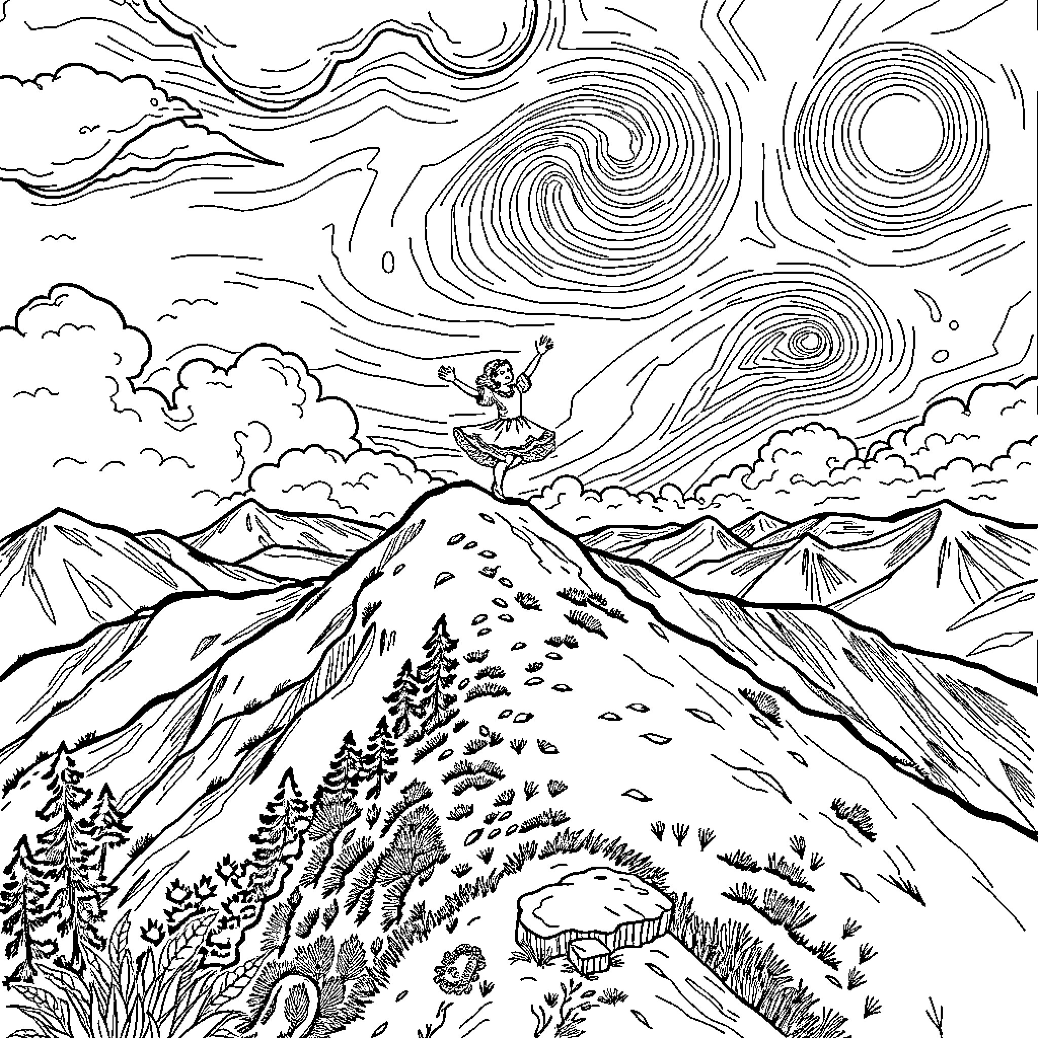 Van Gogh-Inspired Mountainous Landscape Adventure Coloring Page (free black-and-white line drawing printable PDF for all, from beginners to advanced learners, including children, teens, adults, and seniors)