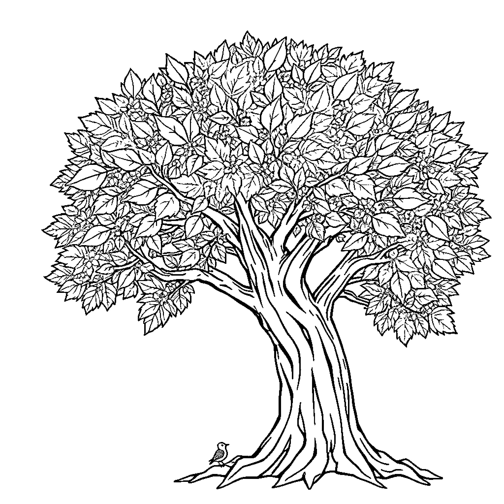 Tree with intricate foliage and a small bird Coloring Page (free black-and-white line drawing printable PDF for all, from beginners to advanced learners, including children, teens, adults, and seniors)