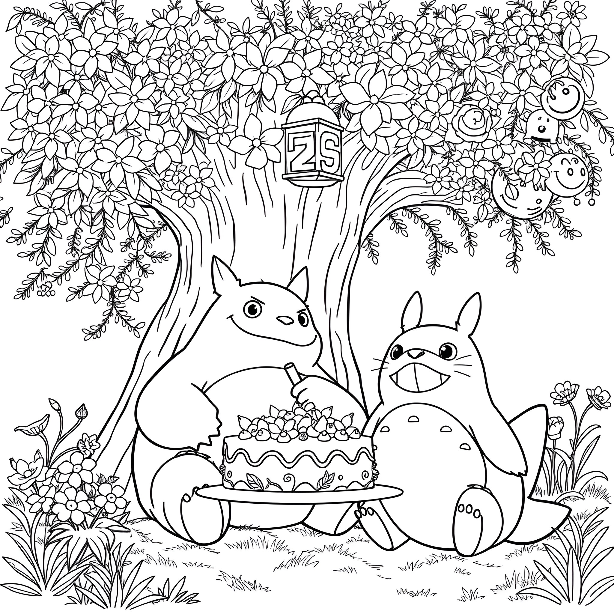Snorlax celebrating birthday with forest friends Coloring Page (free black-and-white line drawing printable PDF for all, from beginners to advanced learners, including children, teens, adults, and seniors)