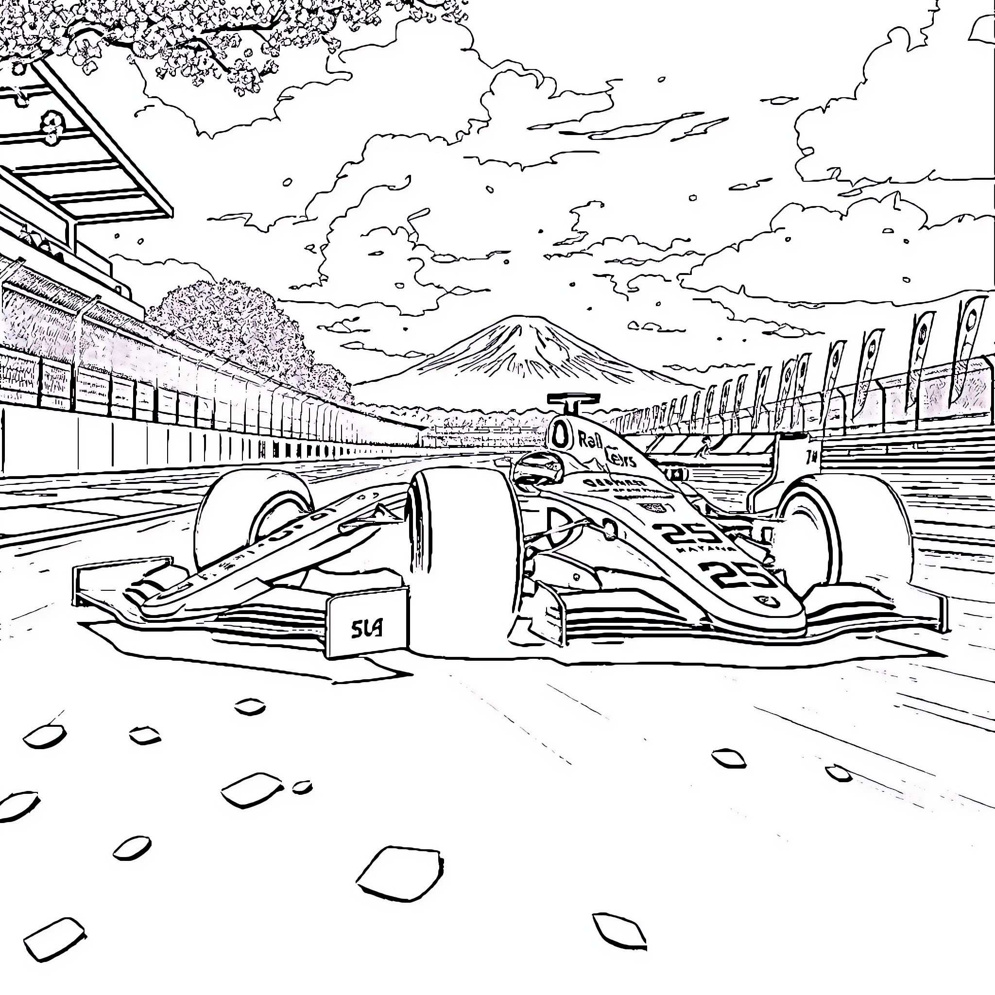 Formula 1 Car racing on the track with mountains in the background Coloring Page (free black-and-white line drawing printable PDF for all, from beginners to advanced learners, including children, teens, adults, and seniors)