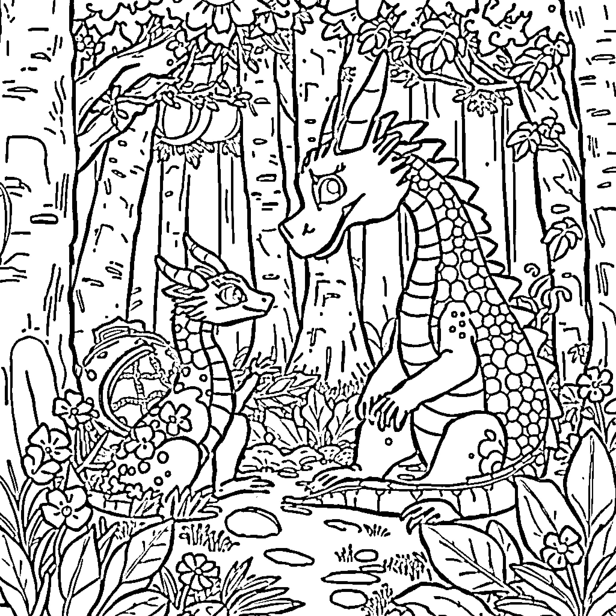 Dragon exploring enchanted forest landscape Coloring Page (free black-and-white line drawing printable PDF for all, from beginners to advanced learners, including children, teens, adults, and seniors)