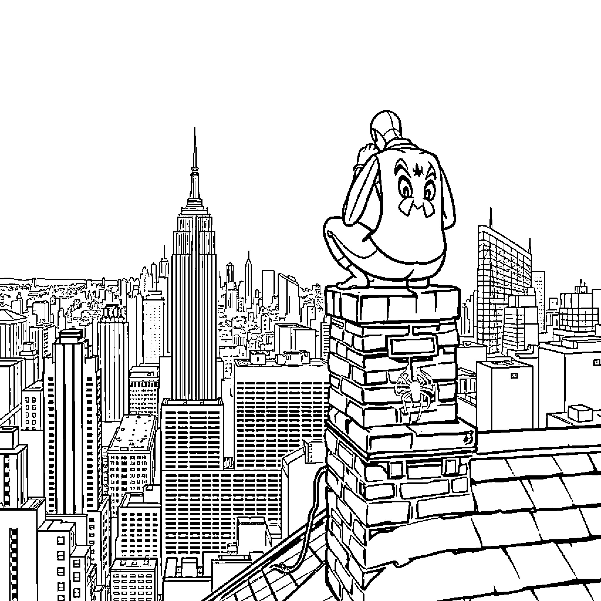 Spiderman overlooking the bustling cityscape Coloring Page (free black-and-white line drawing printable PDF for all, from beginners to advanced learners, including children, teens, adults, and seniors)