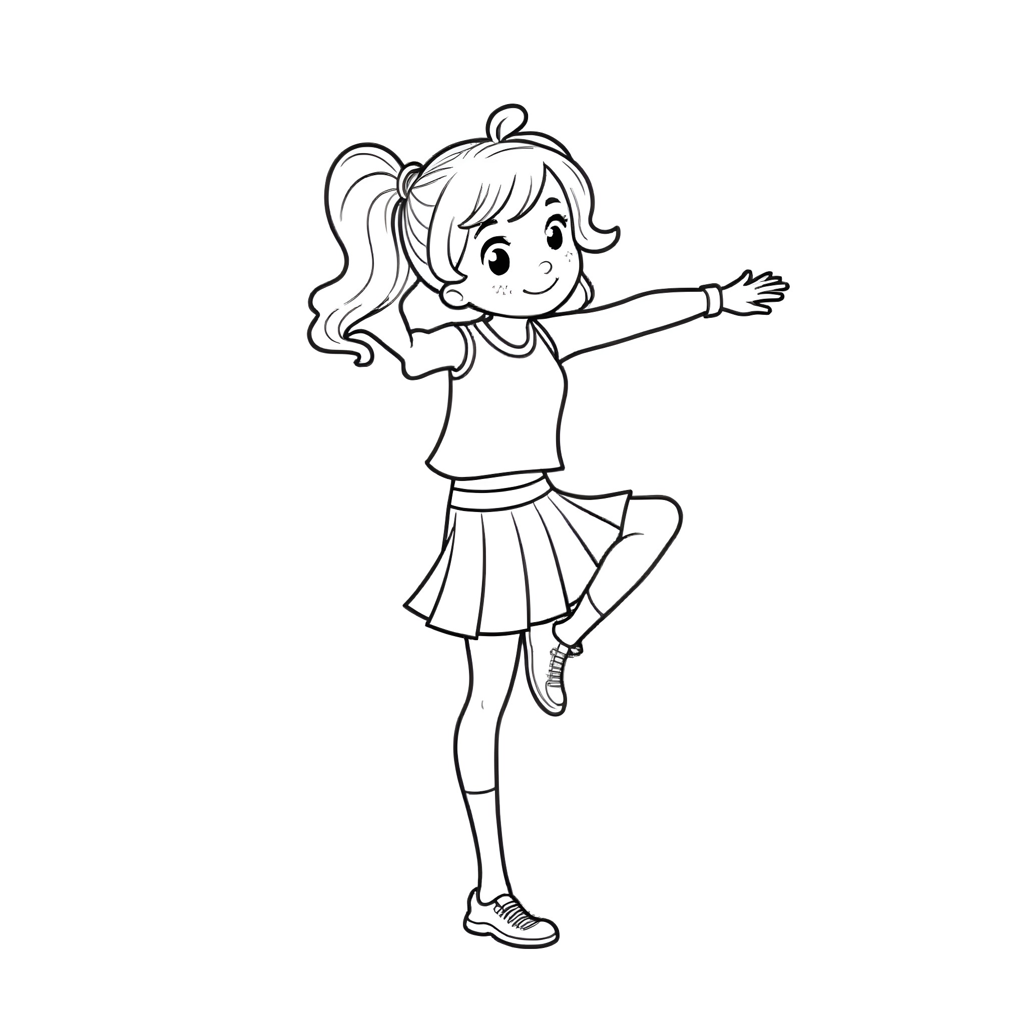 Cheerleader performing energetic dance moves Coloring Page (free black-and-white line drawing printable PDF for all, from beginners to advanced learners, including children, teens, adults, and seniors)
