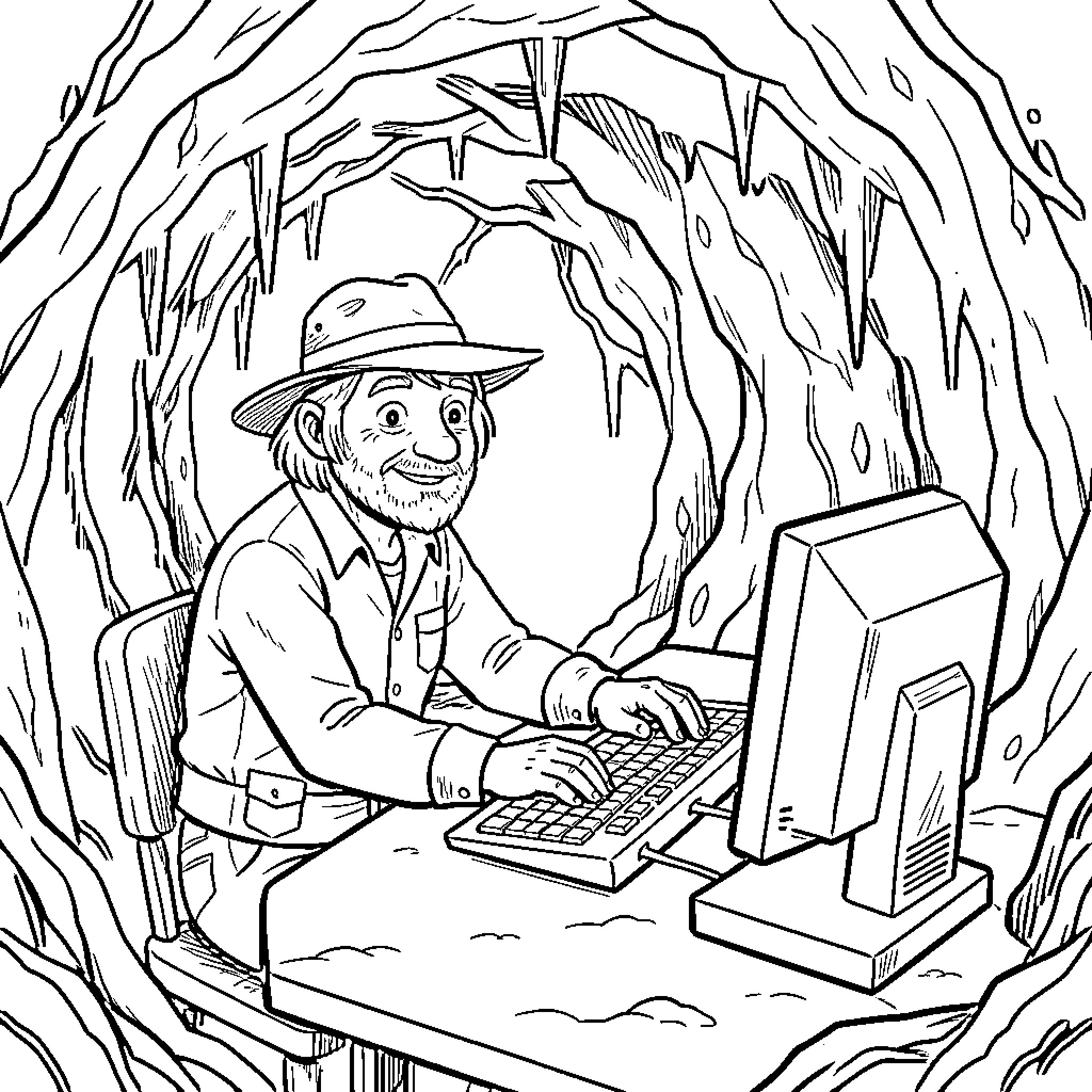 Caveman exploring modern technology in a cave Coloring Page (free black-and-white line drawing printable PDF for all, from beginners to advanced learners, including children, teens, adults, and seniors)