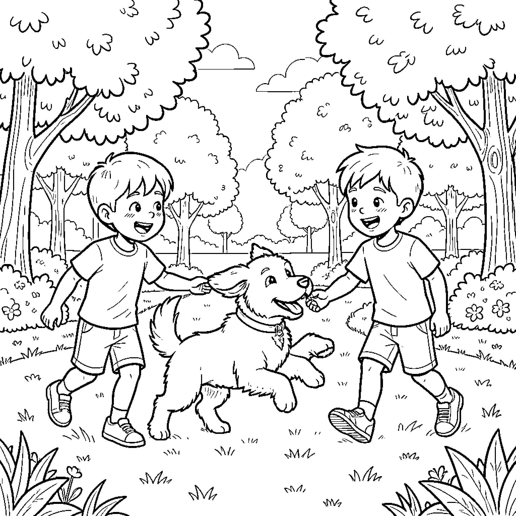 Poodle playing with children in the forest Coloring Page (free black-and-white line drawing printable PDF for all, from beginners to advanced learners, including children, teens, adults, and seniors)