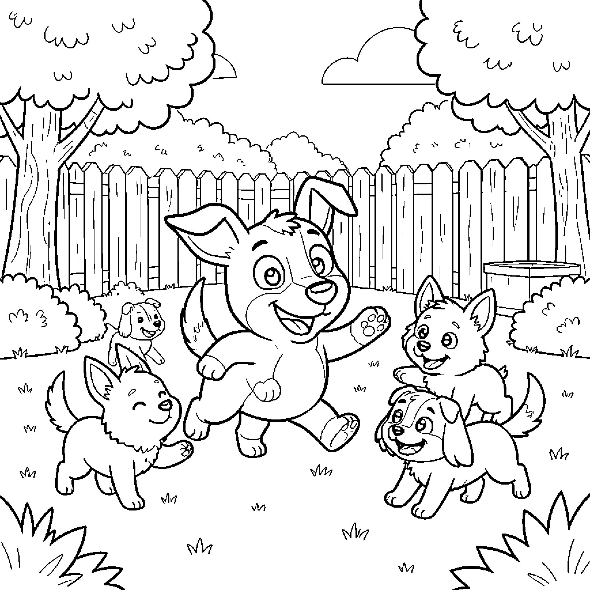 Bluey's Canine Companions Frolic in the Yard Coloring Page (free black-and-white line drawing printable PDF for all, from beginners to advanced learners, including children, teens, adults, and seniors)