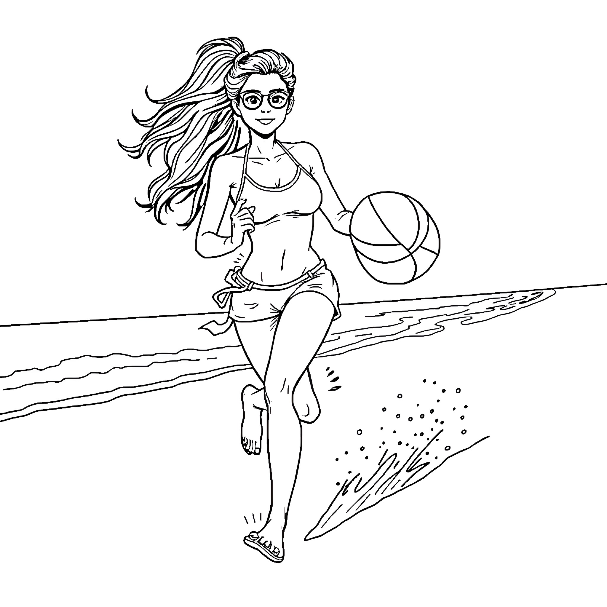 Baywatch Girl Playing Volleyball on the Beach Coloring Page (free black-and-white line drawing printable PDF for all, from beginners to advanced learners, including children, teens, adults, and seniors)