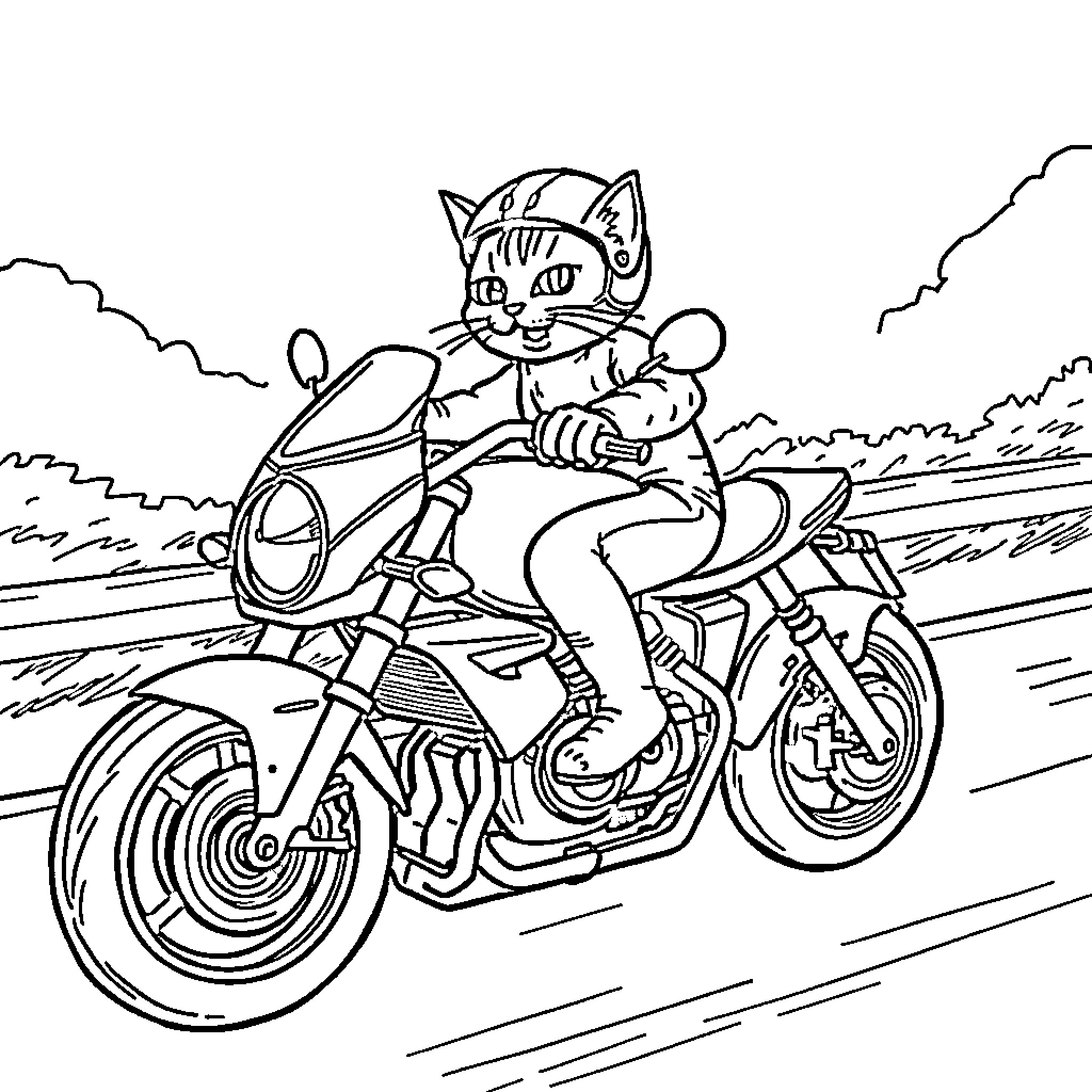 Cat riding motorcycle on road Coloring Page (free black-and-white line drawing printable PDF for all, from beginners to advanced learners, including children, teens, adults, and seniors)