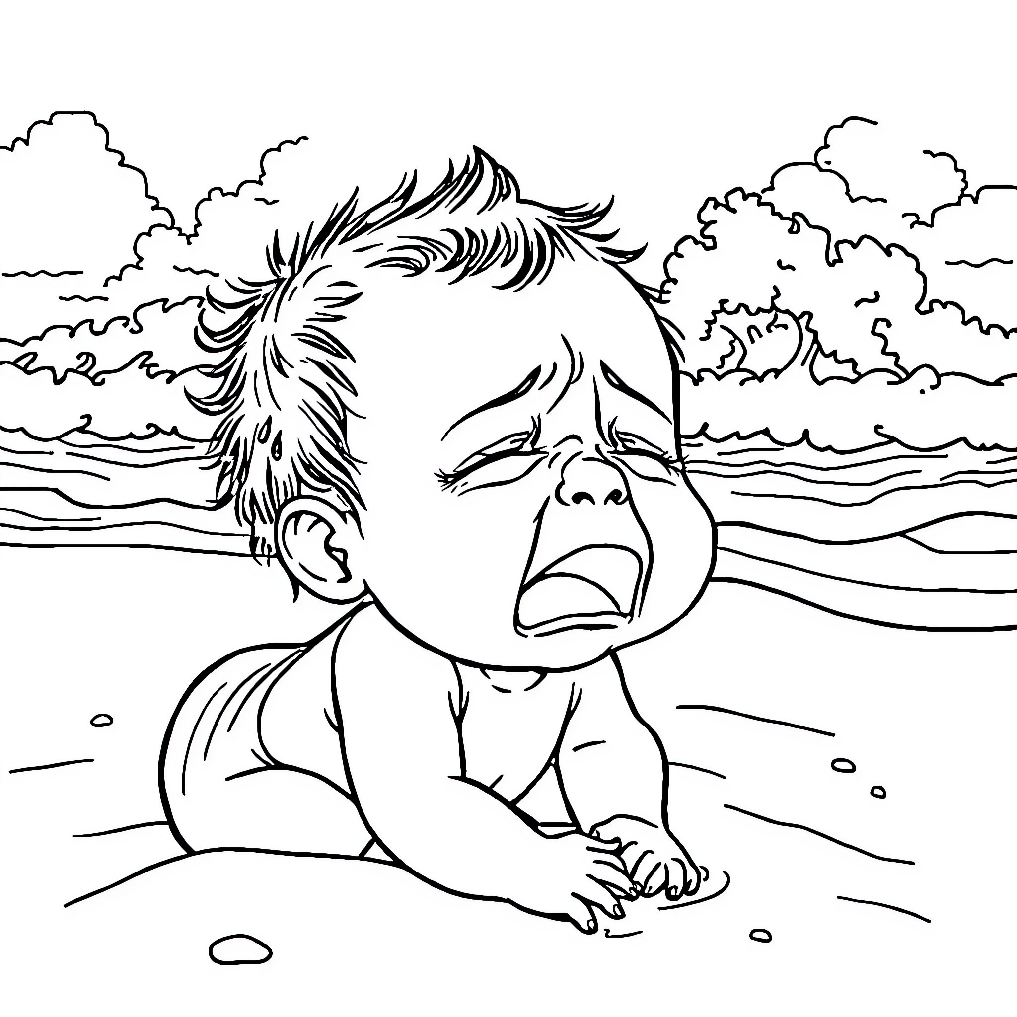 Baby Crying on the Beach Coloring Page (free black-and-white line drawing printable PDF for all, from beginners to advanced learners, including children, teens, adults, and seniors)