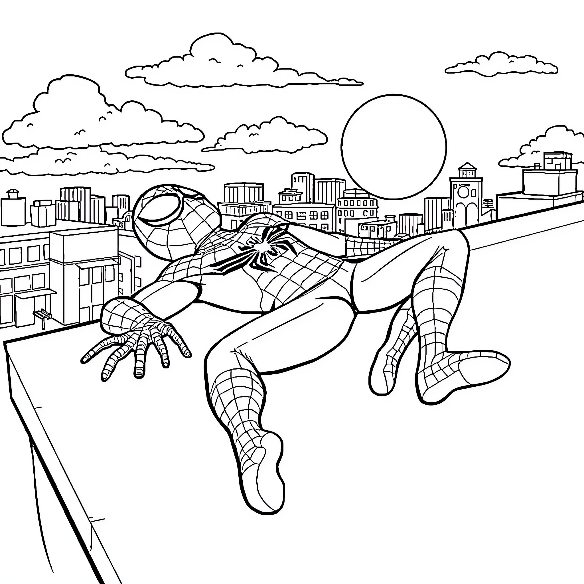 Spider-Man Swinging Through the City Skyline Coloring Page (free black-and-white line drawing printable PDF for all, from beginners to advanced learners, including children, teens, adults, and seniors)