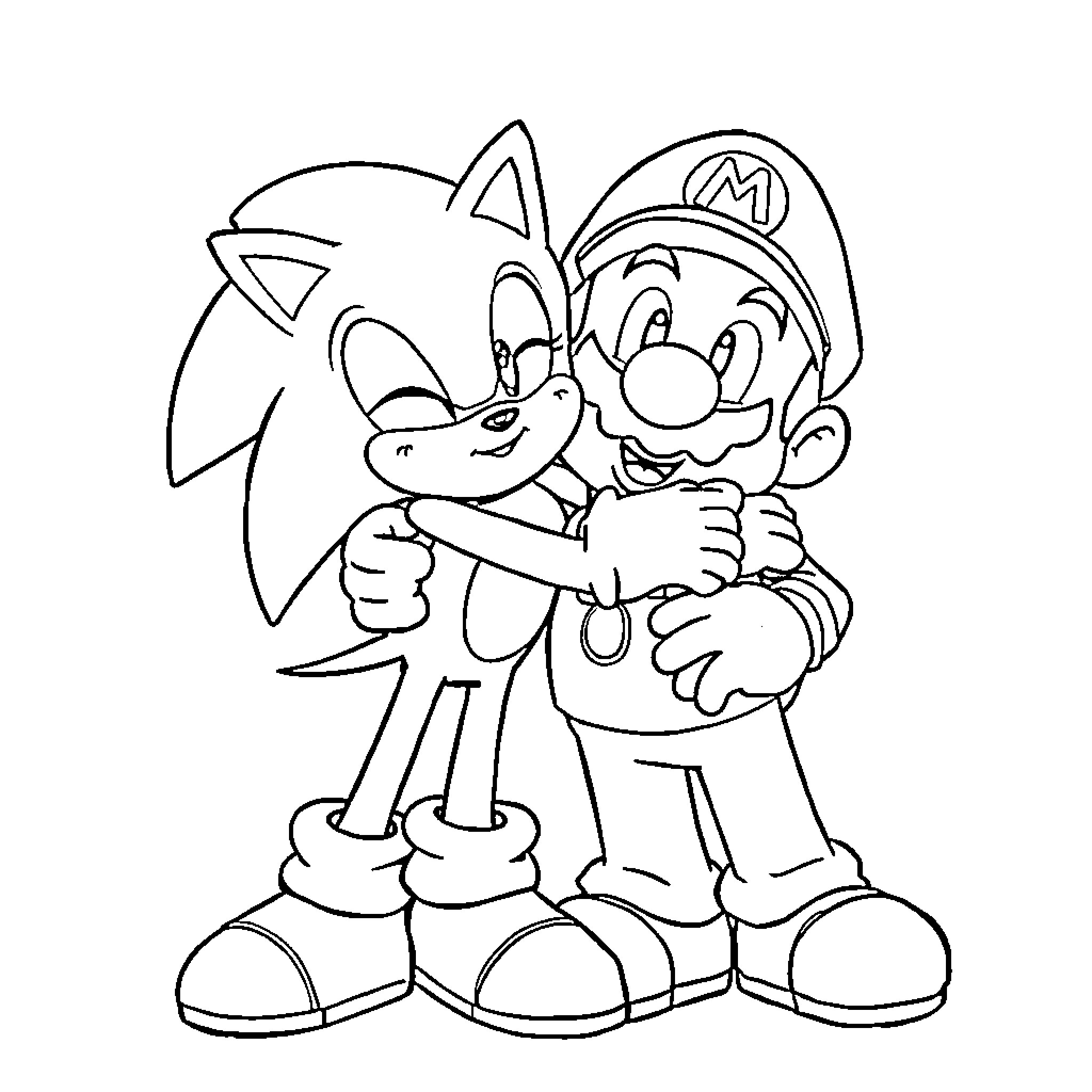 Sonic and Mario sharing a friendly moment Coloring Page (free black-and-white line drawing printable PDF for all, from beginners to advanced learners, including children, teens, adults, and seniors)