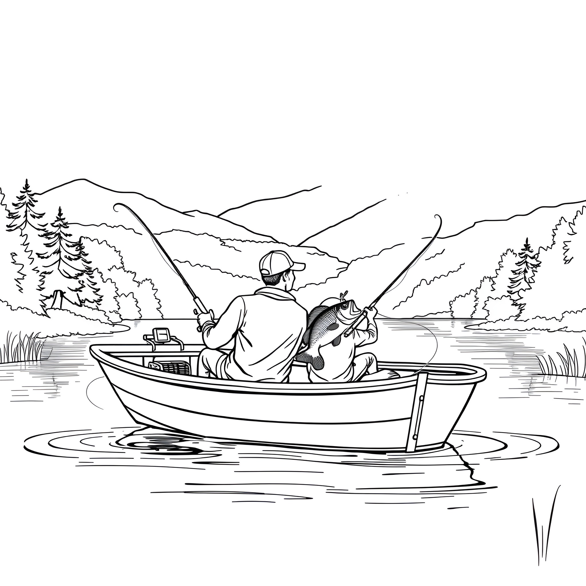 Boat fishing in serene mountain lake Coloring Page (free black-and-white line drawing printable PDF for all, from beginners to advanced learners, including children, teens, adults, and seniors)