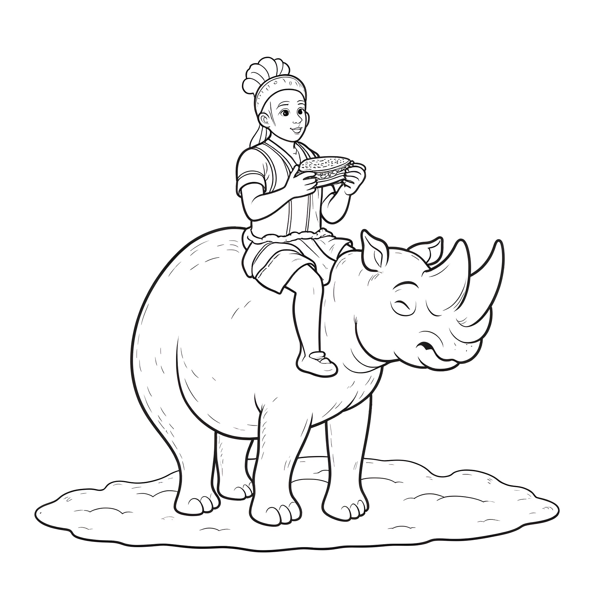 Terracotta Warrior riding a rhinoceros Coloring Page (free black-and-white line drawing printable PDF for all, from beginners to advanced learners, including children, teens, adults, and seniors)