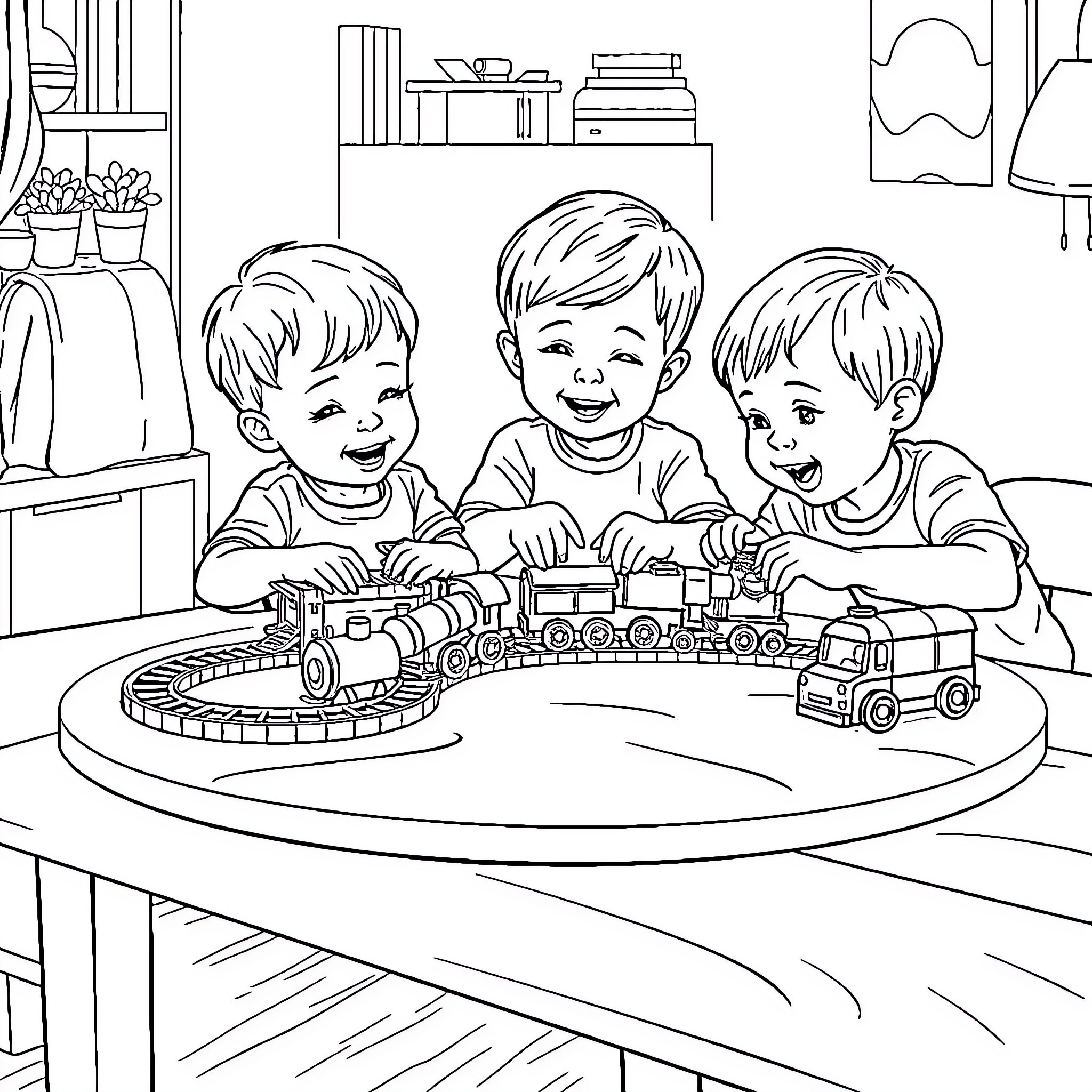 Train Toys Bringing Joy to Young Boys Coloring Page (free black-and-white line drawing printable PDF for all, from beginners to advanced learners, including children, teens, adults, and seniors)