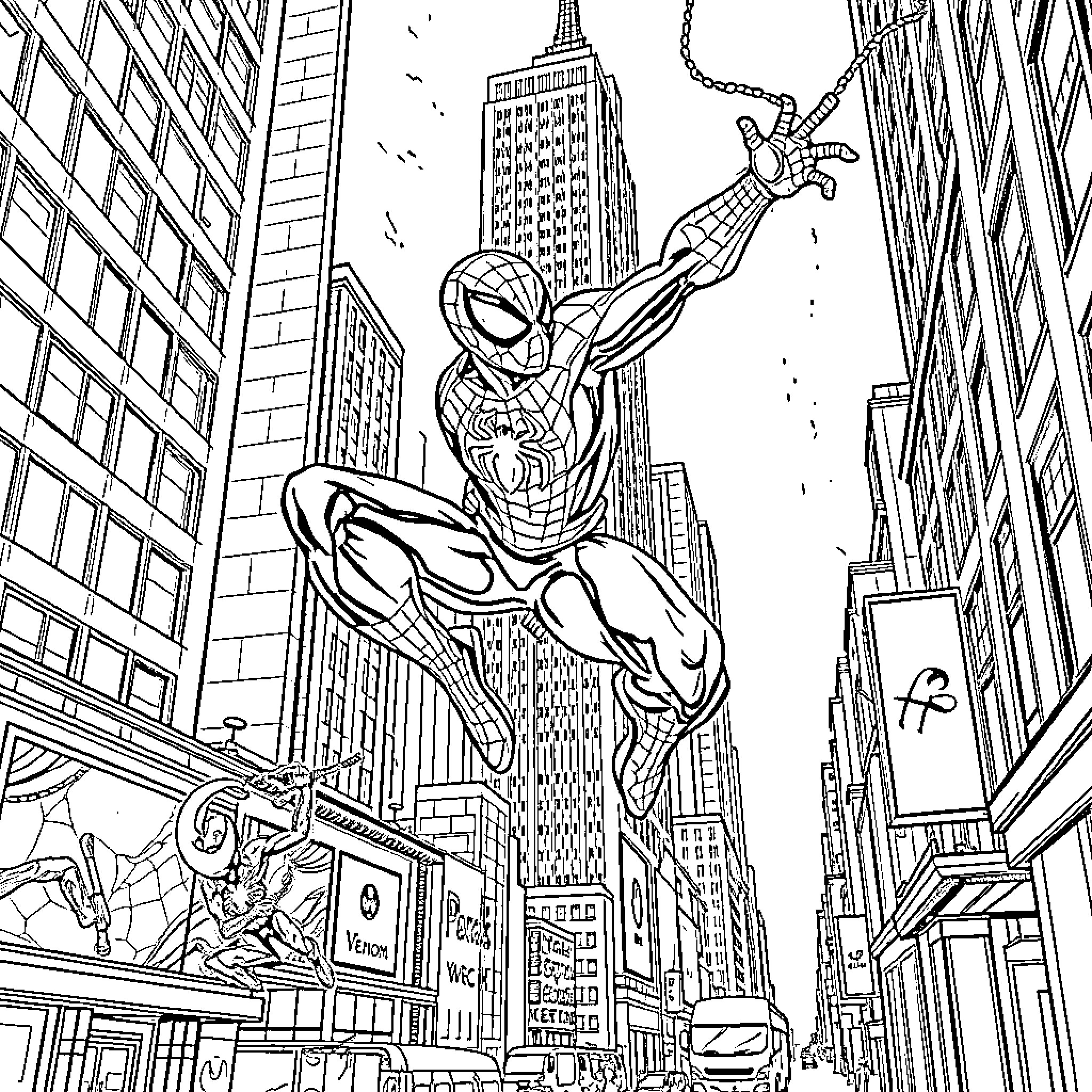 Spiderman swinging through the city skyline Coloring Page (free black-and-white line drawing printable PDF for all, from beginners to advanced learners, including children, teens, adults, and seniors)
