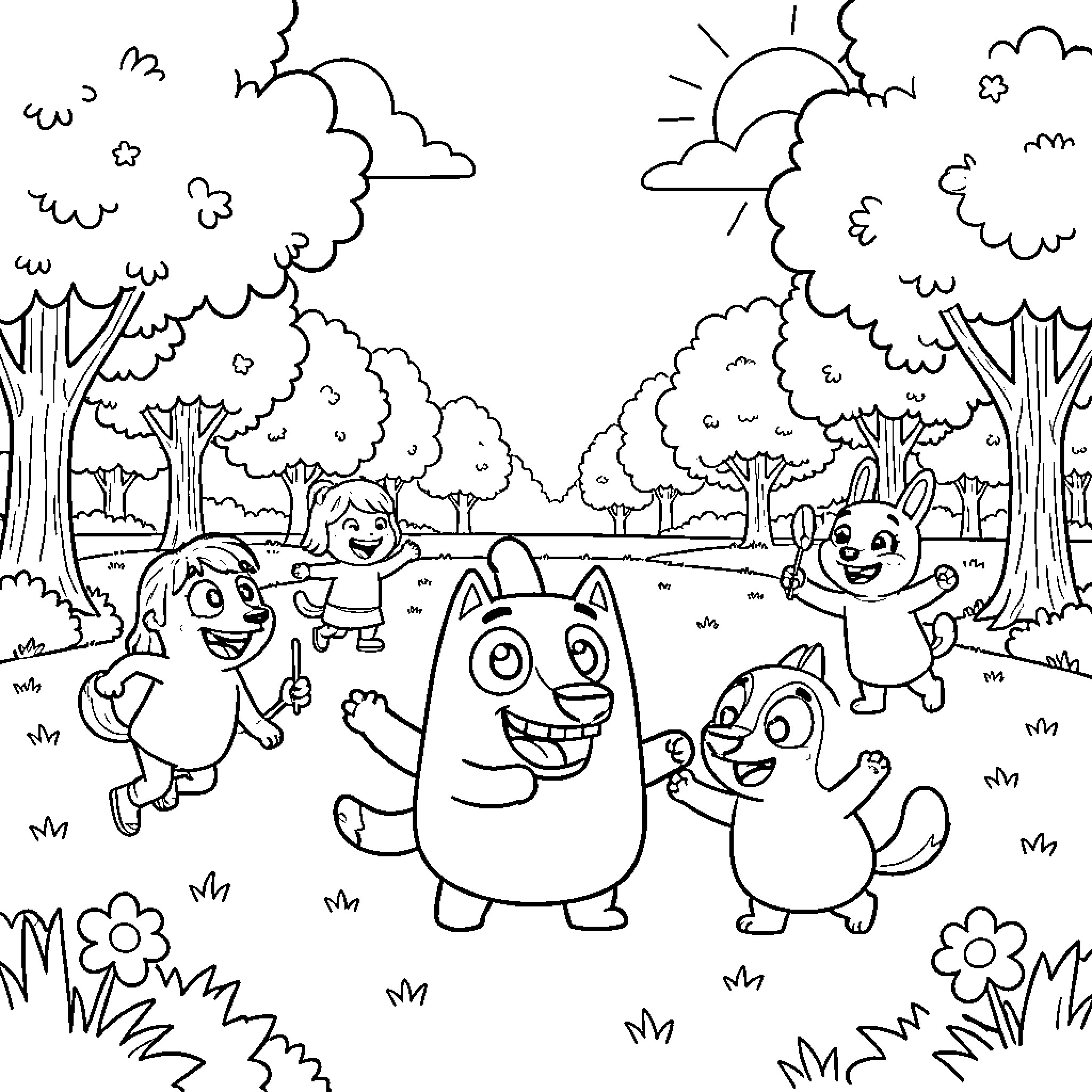 Bluey and friends exploring the forest Coloring Page (free black-and-white line drawing printable PDF for all, from beginners to advanced learners, including children, teens, adults, and seniors)