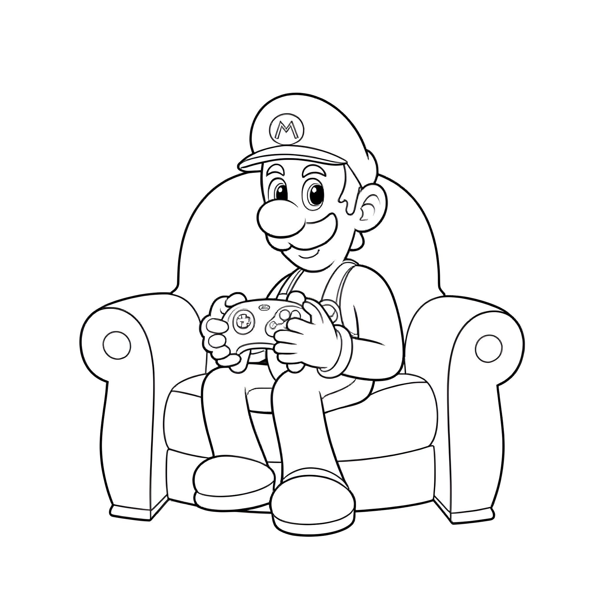 Luigi playing video games comfortably on a chair Coloring Page (free black-and-white line drawing printable PDF for all, from beginners to advanced learners, including children, teens, adults, and seniors)