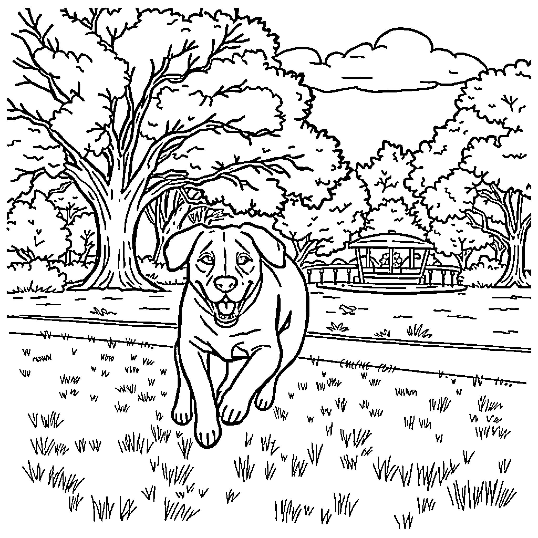 Lab Dog Relaxing in Serene Outdoor Setting Coloring Page (free black-and-white line drawing printable PDF for all, from beginners to advanced learners, including children, teens, adults, and seniors)