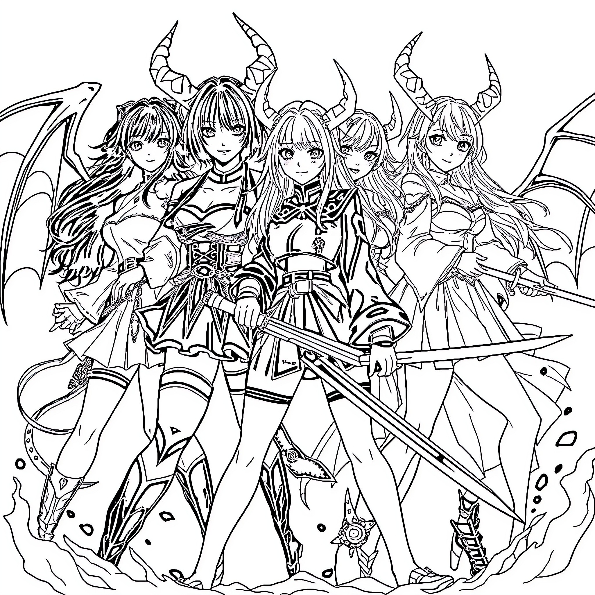 Demon Hunter Squad in Action-Packed Attire Coloring Page (free black-and-white line drawing printable PDF for all, from beginners to advanced learners, including children, teens, adults, and seniors)