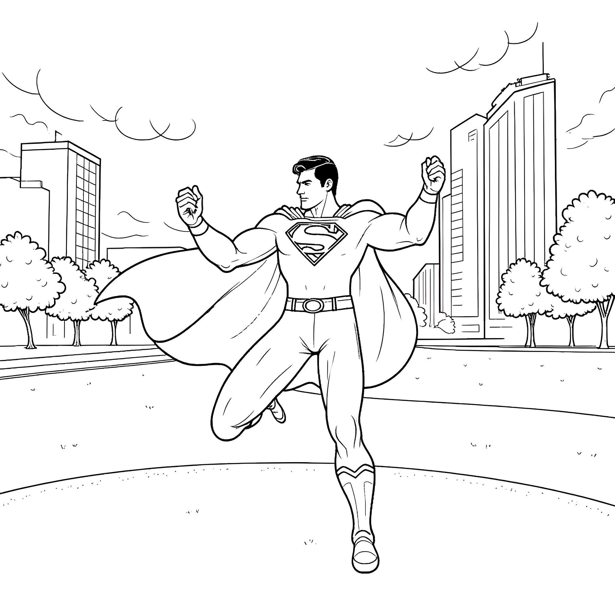 Superman flying in the city skyline Coloring Page (free black-and-white line drawing printable PDF for all, from beginners to advanced learners, including children, teens, adults, and seniors)