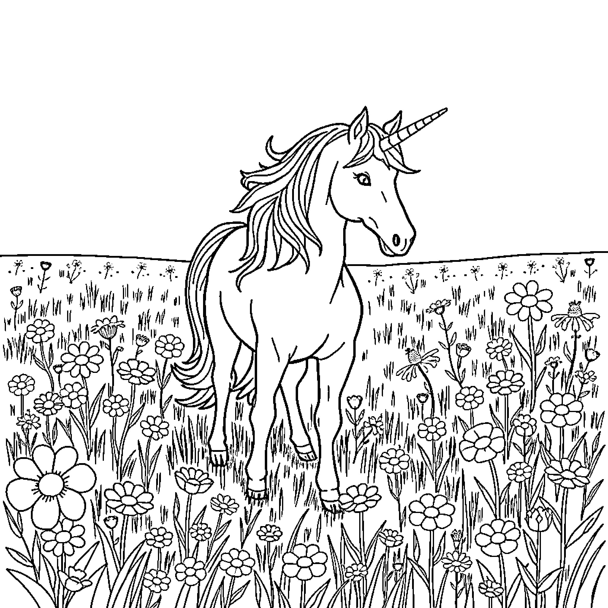 Unicorn standing in a magical floral field Coloring Page (free black-and-white line drawing printable PDF for all, from beginners to advanced learners, including children, teens, adults, and seniors)