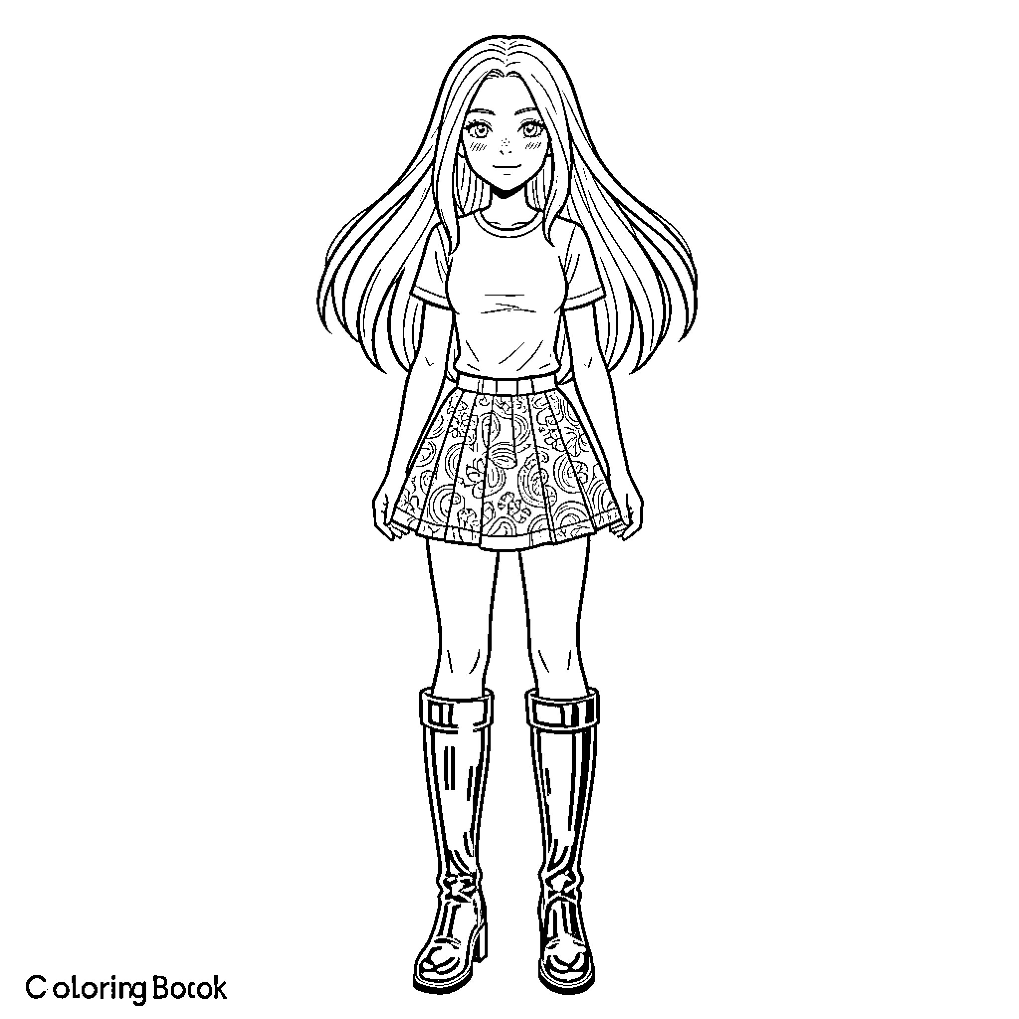 Girl in casual outfit with long hair Coloring Page (free black-and-white line drawing printable PDF for all, from beginners to advanced learners, including children, teens, adults, and seniors)