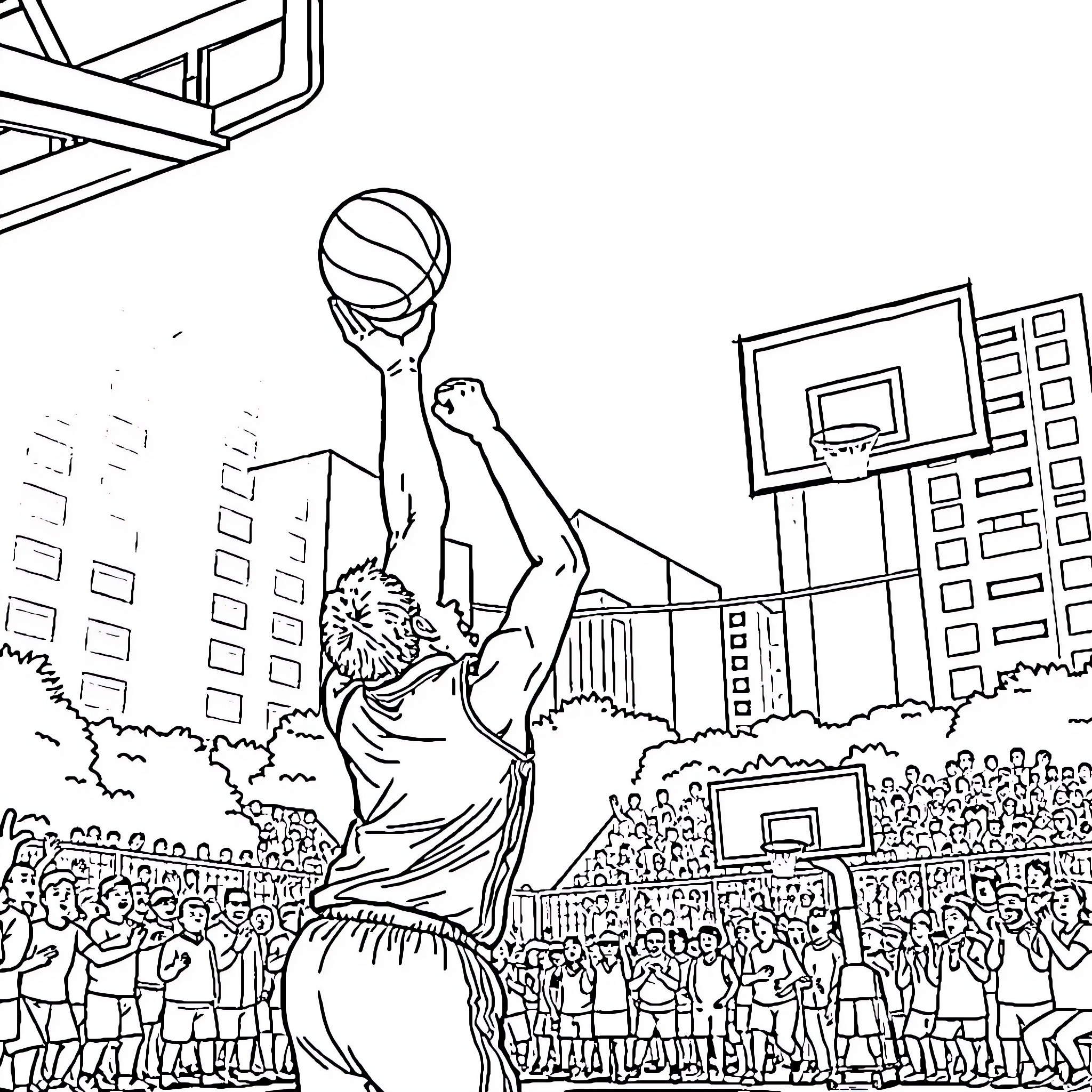 Basketball Player Makes a Slam Dunk on the Court Coloring Page (free black-and-white line drawing printable PDF for all, from beginners to advanced learners, including children, teens, adults, and seniors)