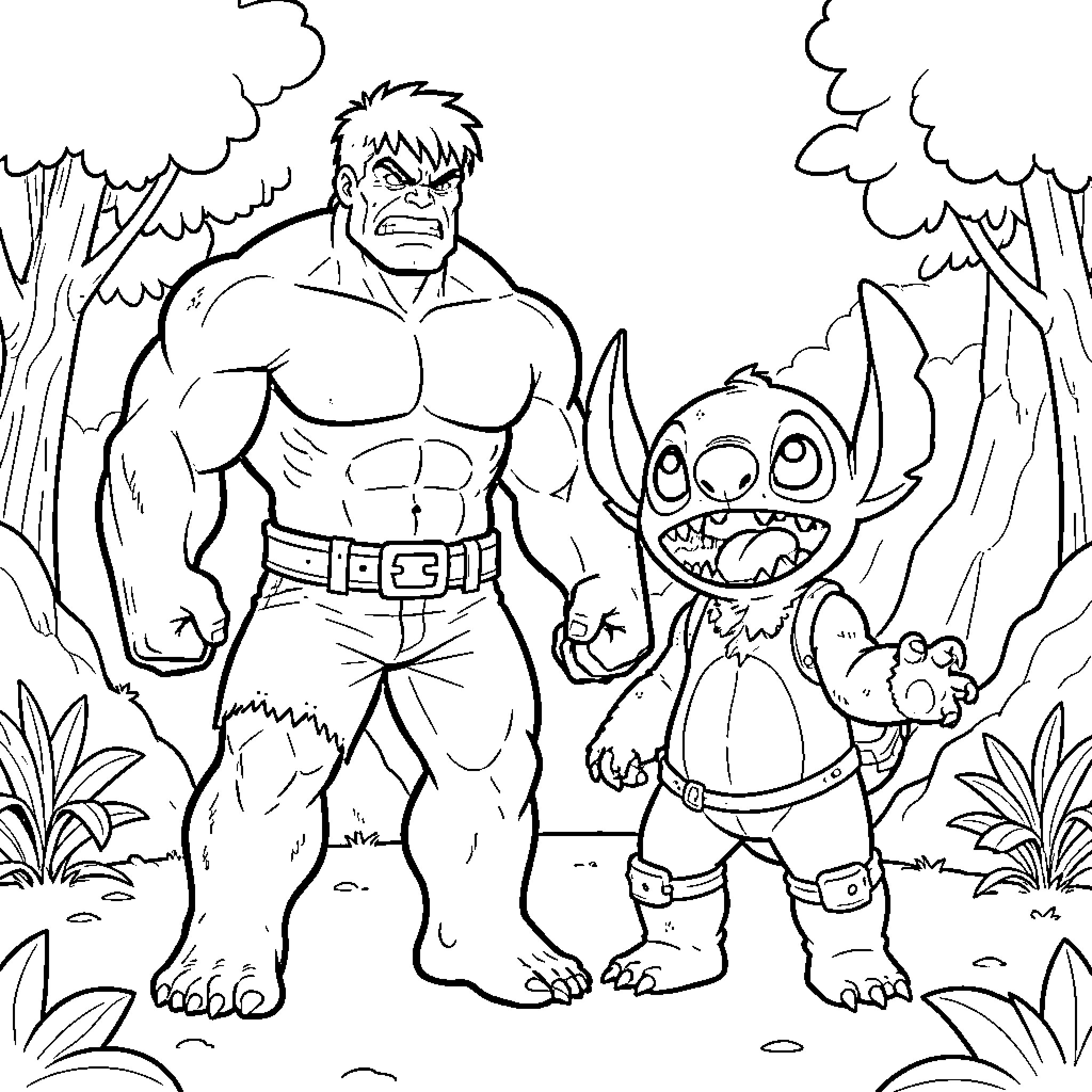 Hulk standing with a friendly small creature in forest Coloring Page (free black-and-white line drawing printable PDF for all, from beginners to advanced learners, including children, teens, adults, and seniors)