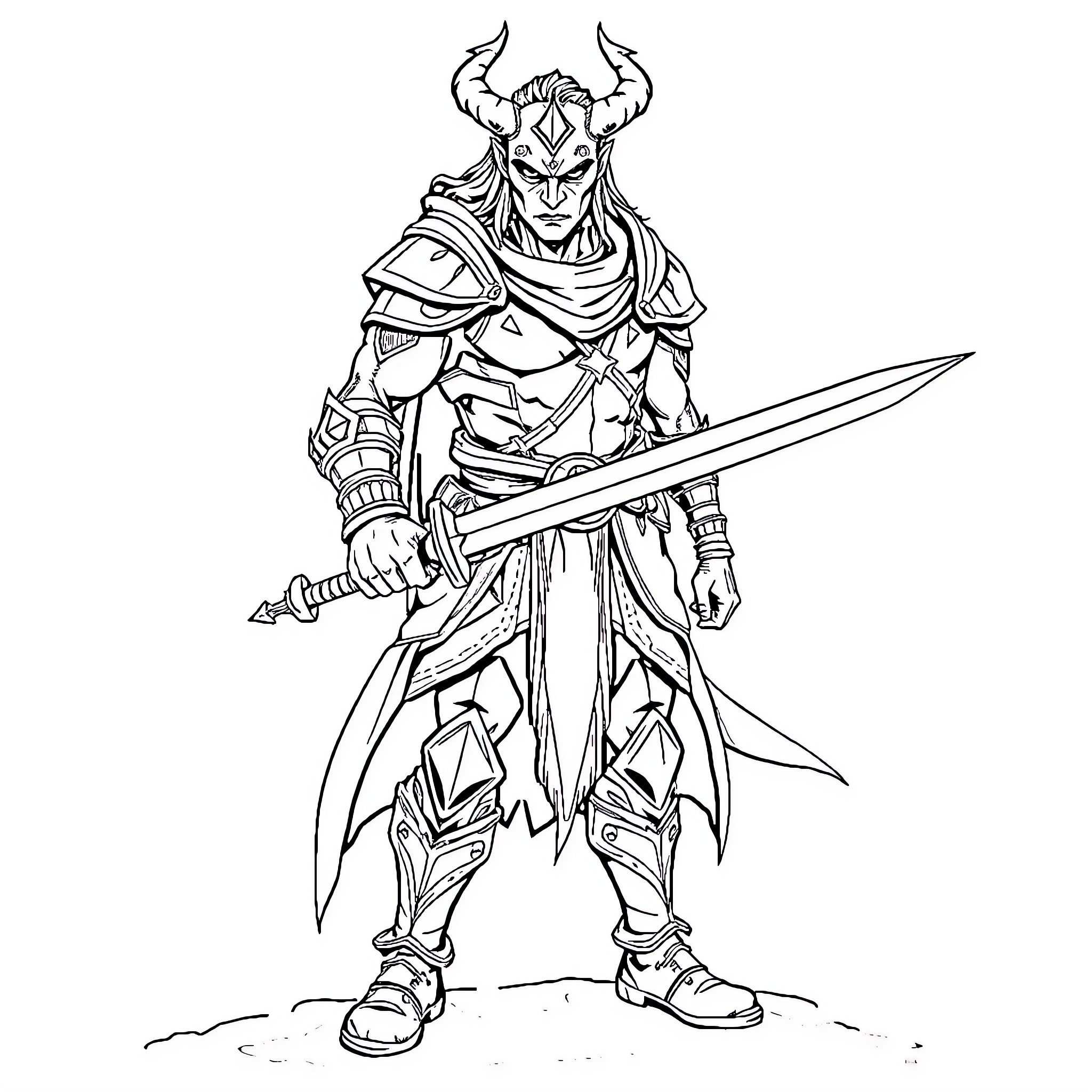 Demon Slayer Warrior Wielding Sword in Battle Pose Coloring Page (free black-and-white line drawing printable PDF for all, from beginners to advanced learners, including children, teens, adults, and seniors)
