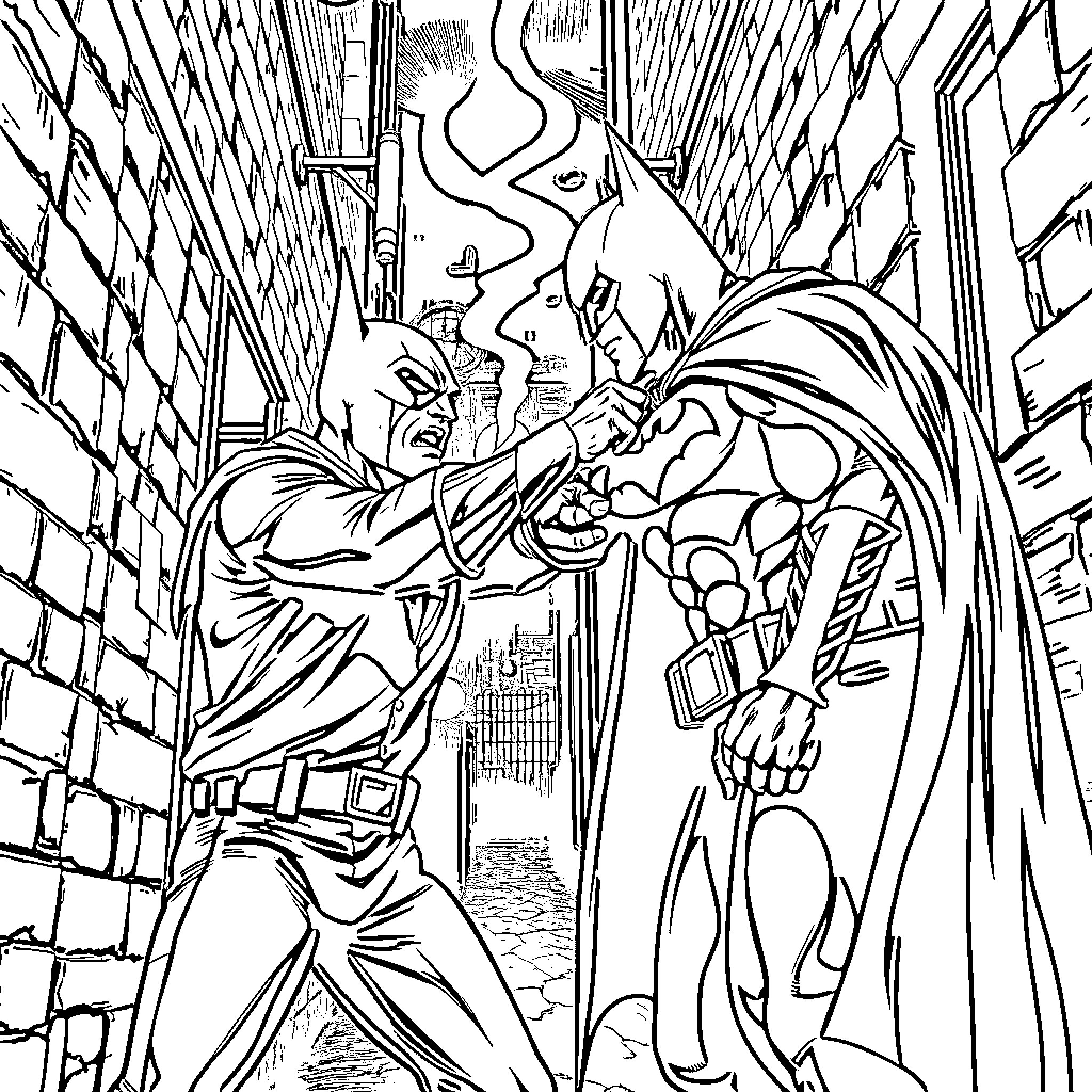 Labubu's Heroic Battle in the Shadowy Alley Coloring Page (free black-and-white line drawing printable PDF for all, from beginners to advanced learners, including children, teens, adults, and seniors)