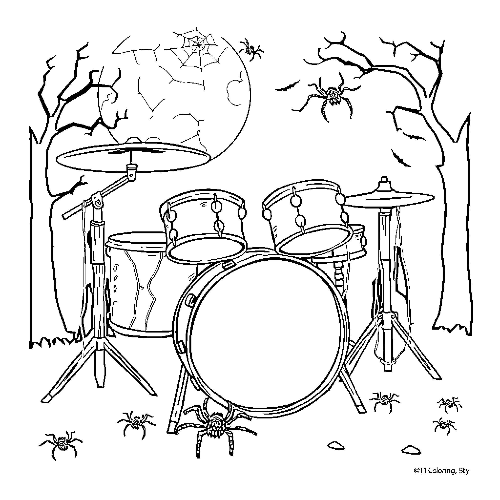 Drum Set with Spooky Forest Elements Coloring Page (free black-and-white line drawing printable PDF for all, from beginners to advanced learners, including children, teens, adults, and seniors)