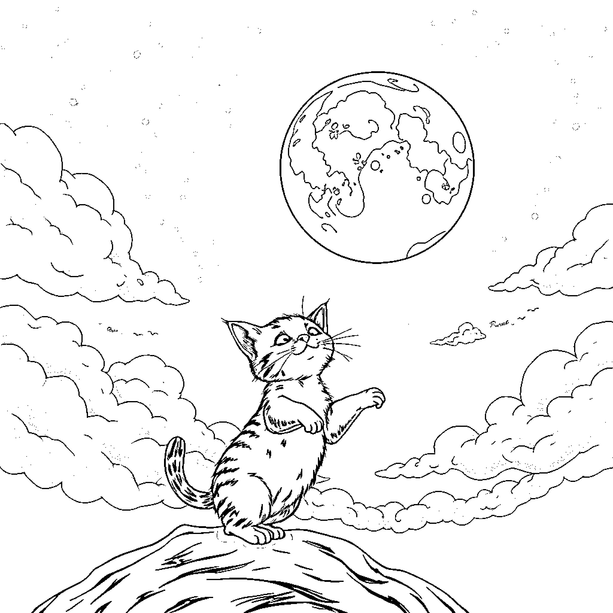 Cat admiring the moon in the night sky Coloring Page (free black-and-white line drawing printable PDF for all, from beginners to advanced learners, including children, teens, adults, and seniors)