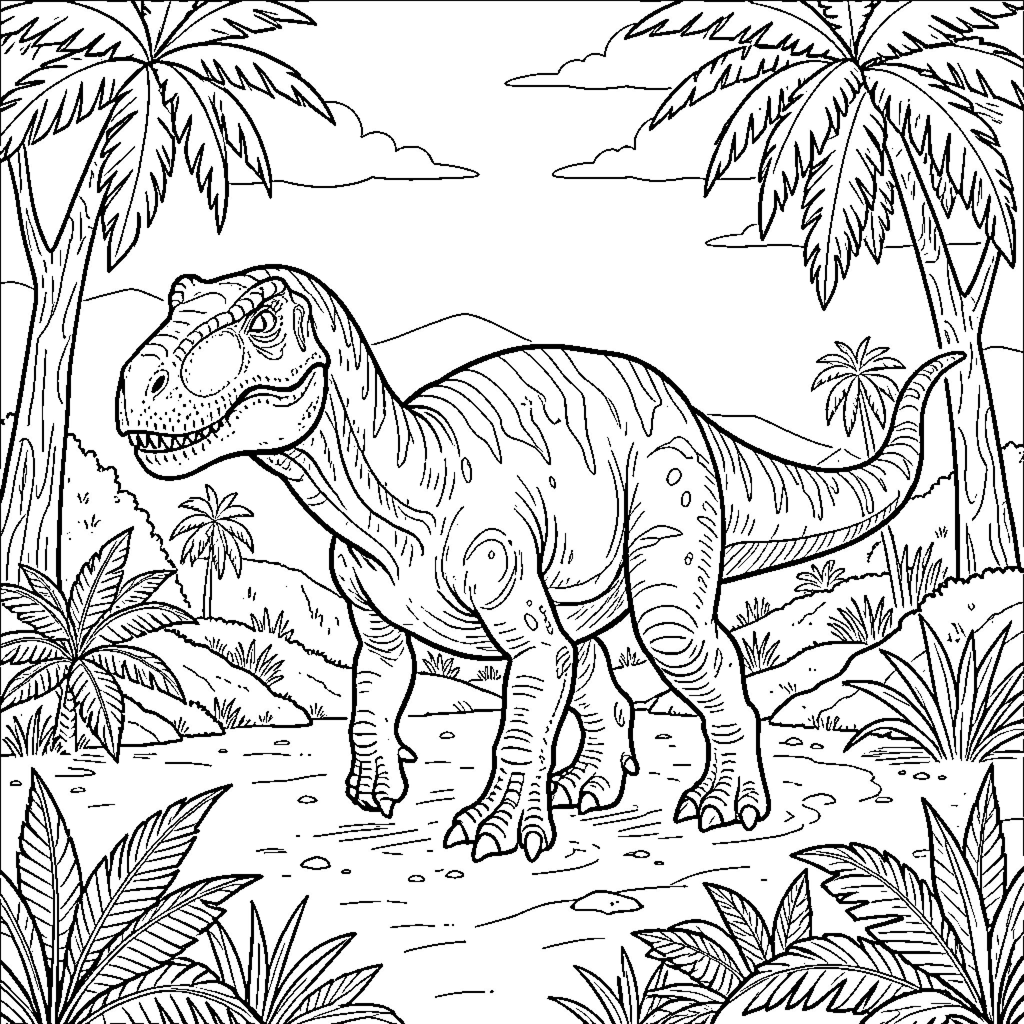 Dinosaur walking through a prehistoric tropical jungle Coloring Page (free black-and-white line drawing printable PDF for all, from beginners to advanced learners, including children, teens, adults, and seniors)