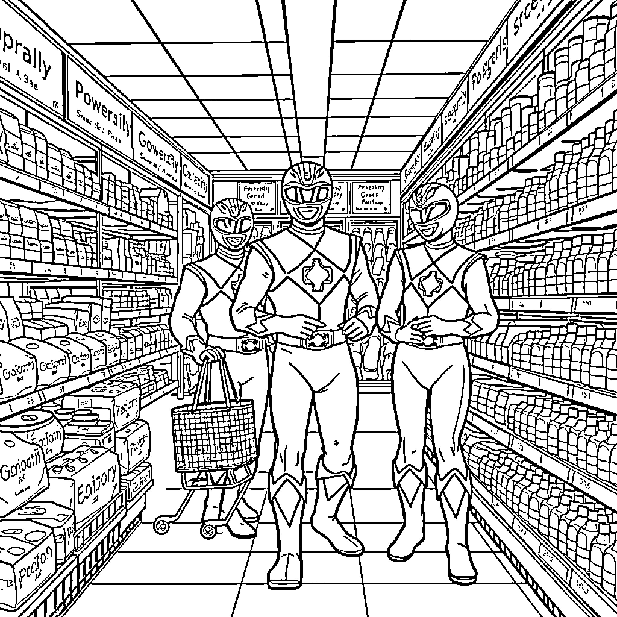 Power Rangers on a shopping adventure Coloring Page (free black-and-white line drawing printable PDF for all, from beginners to advanced learners, including children, teens, adults, and seniors)